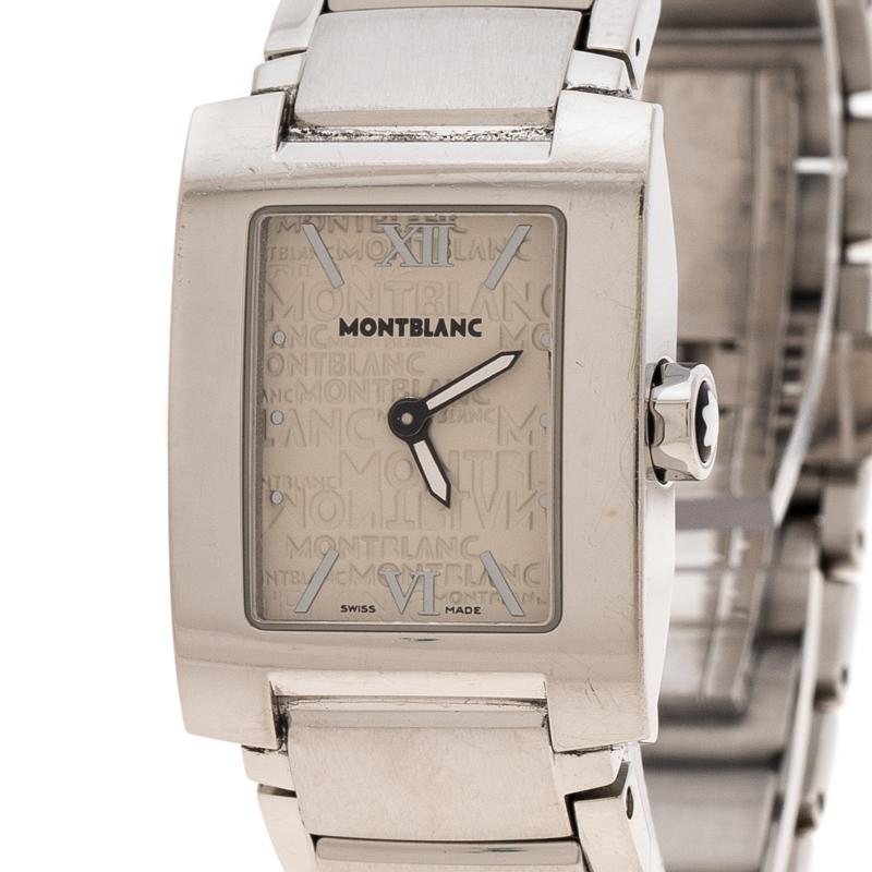 Montblanc's Profile wristwatch constructed in silver stainless steel is both chic and sophisticated, ideal to complement a variety of your looks. It features a case diameter of 23mm and comes with a white, monogrammed dial that is equipped with