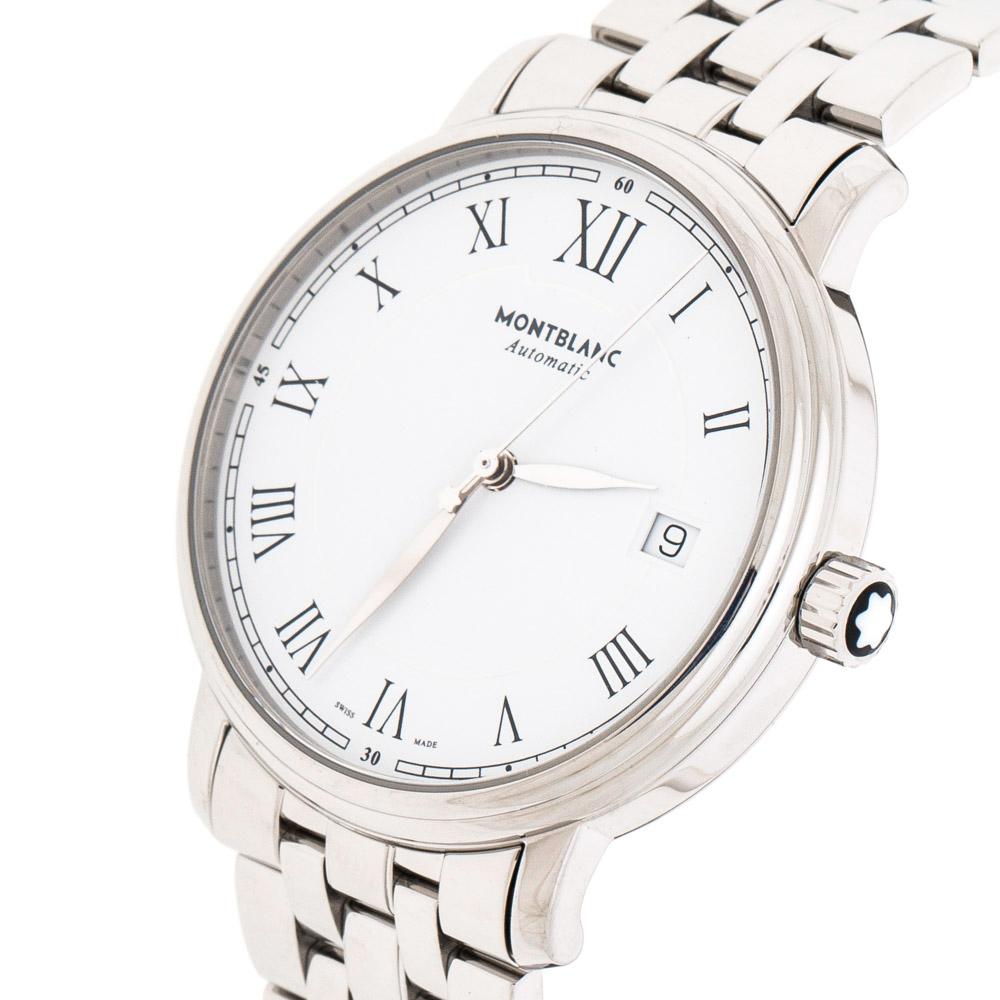 Simplicity is the ultimate sophistication and this Montblanc Tradition wristwatch embodies just that! Crafted from stainless steel, this marvellous watch has a case diameter of 36 mm and flaunts a classic white dial with three hands, Roman numeral