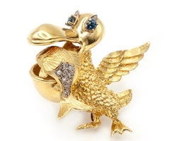 Montclair 18K Yellow Gold Diamond Sapphire Trembling Fish and Pelican Brooch