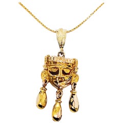 Vintage Monte Alban Gold Mask Pendant "Xipe Totec" Oaxaca Tomb Mexico Aztec 14K Necklace