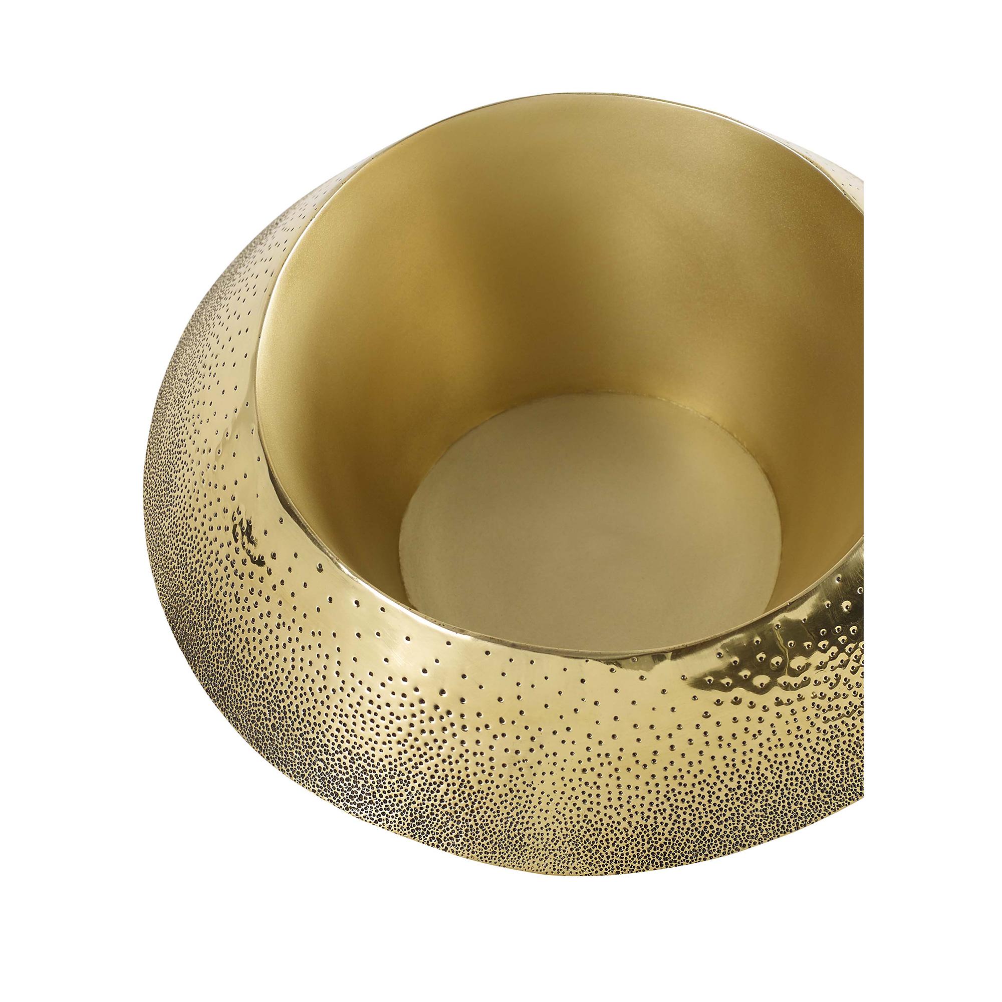 A handmade brass bowl detailed with a dotted, textured exterior. Features a matte brass interior and a shiny brass exterior.
 