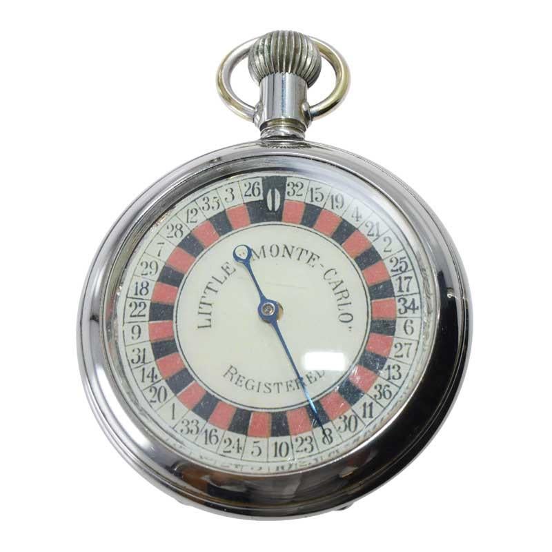 FACTORY / HOUSE: Roulette 
STYLE / REFERENCE: Art Deco Pocket Watch 
METAL / MATERIAL: Nickel Silver
CIRCA / YEAR: 1920s
DIMENSIONS / SIZE: Diameter 56mm
MOVEMENT / CALIBER: Manual Winding 
DIAL / HANDS: Original Kiln Fired Enamel with Blued Steel