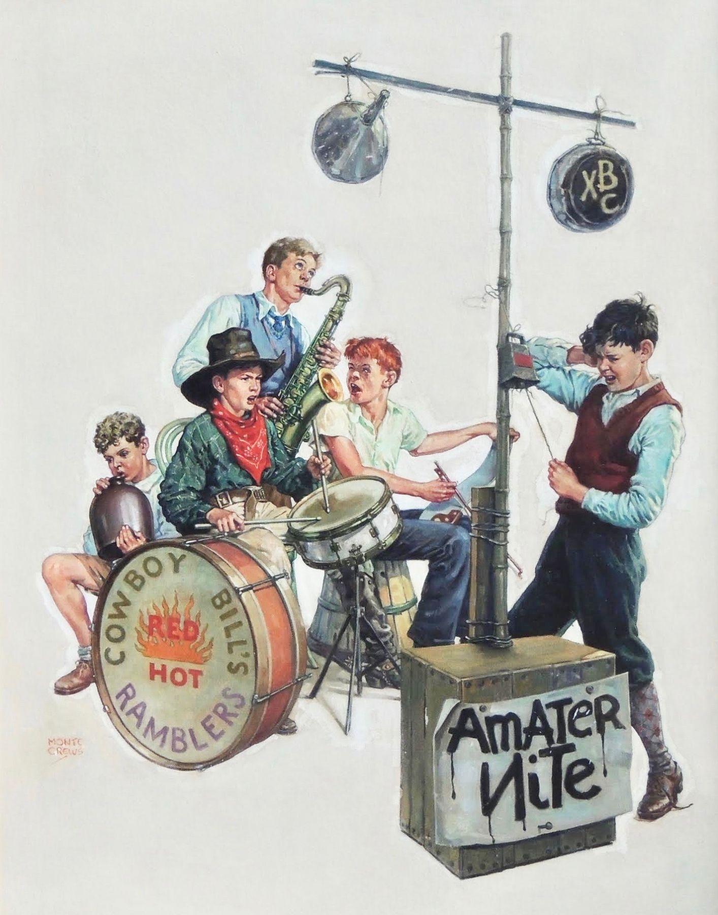 Monte Crews Figurative Painting - Amateur Nite - Cowboy Bill's Ramblers, The Saturday Evening Post cover, Jan