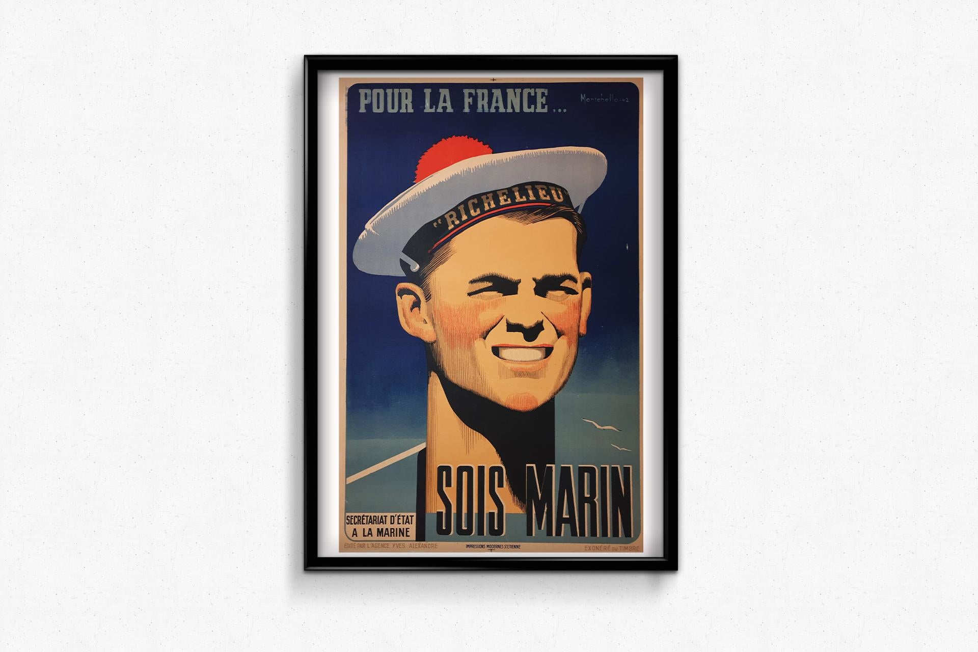 Ein Originalplakat aus dem Jahr 1942, mitten im Weltkrieg, als Frankreich teilweise besetzt war. Die Kriegsanstrengungen mussten unterstützt werden, und es wurden alle Kommunikationshebel in Bewegung gesetzt.

Auf diesem erhabenen Plakat, das die