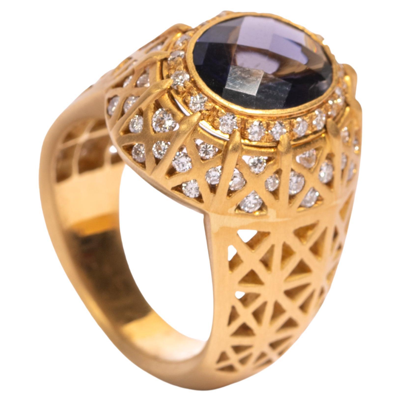 Montebello 18 Karat Yellow Gold "Bangalore" Ring Iolite Diamonds Brilliant  For Sale at 1stDibs