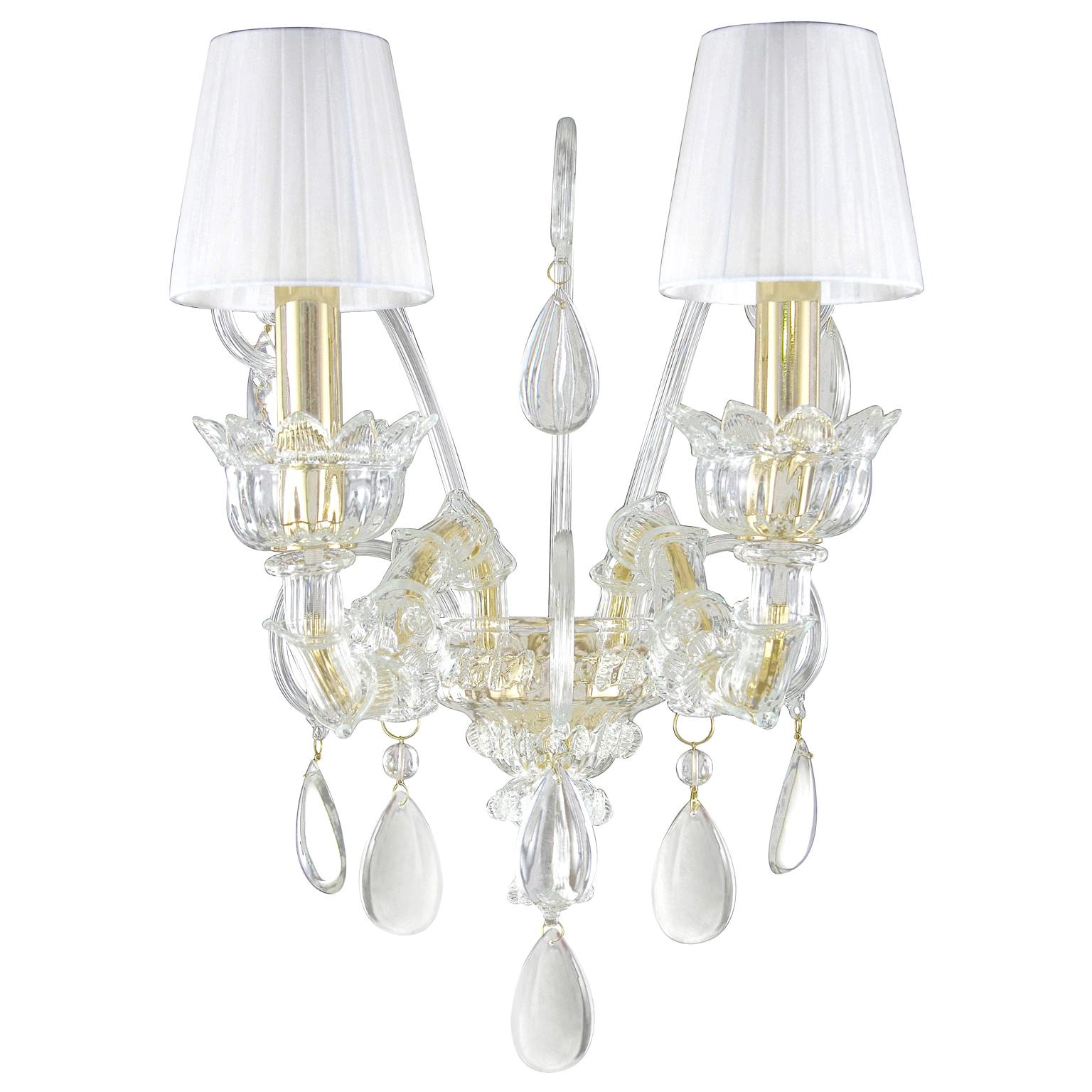 Sconce 2arms Venetian style Murano Glass, White Lampshades by Multiforme