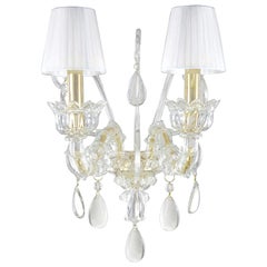 Sconce 2arms Venetian style Murano Glass, White Lampshades by Multiforme