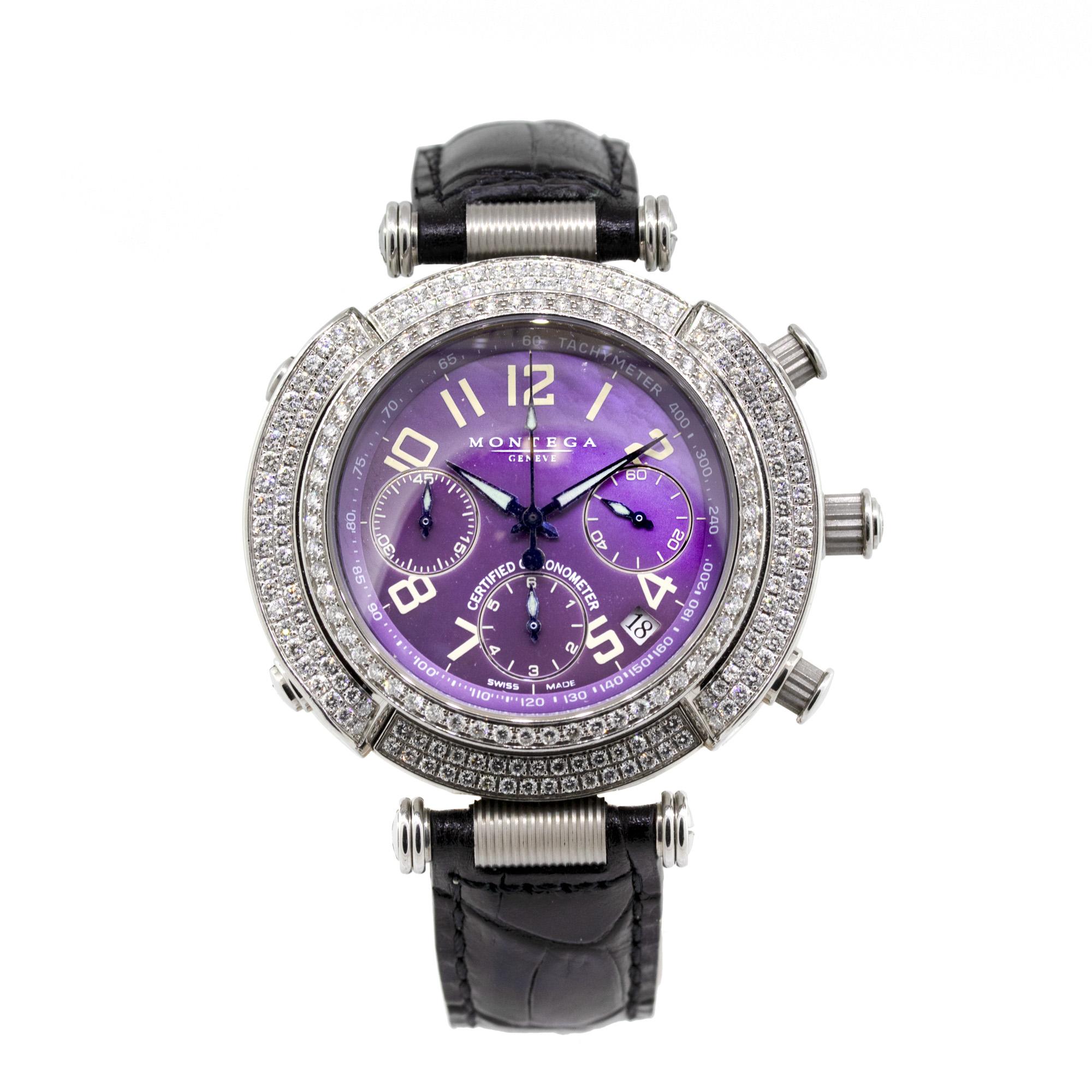 Brand: Montega
Model: Amore
MPN: MC 01
Case Material: Stainless Steel
Case Diameter: 43mm
Crystal: Sapphire crystal
Bezel: Stainless steel with factory Diamonds
Dial: Purple Mother of Pearl Dial with Chronograph and date indicator
Bracelet: Black
