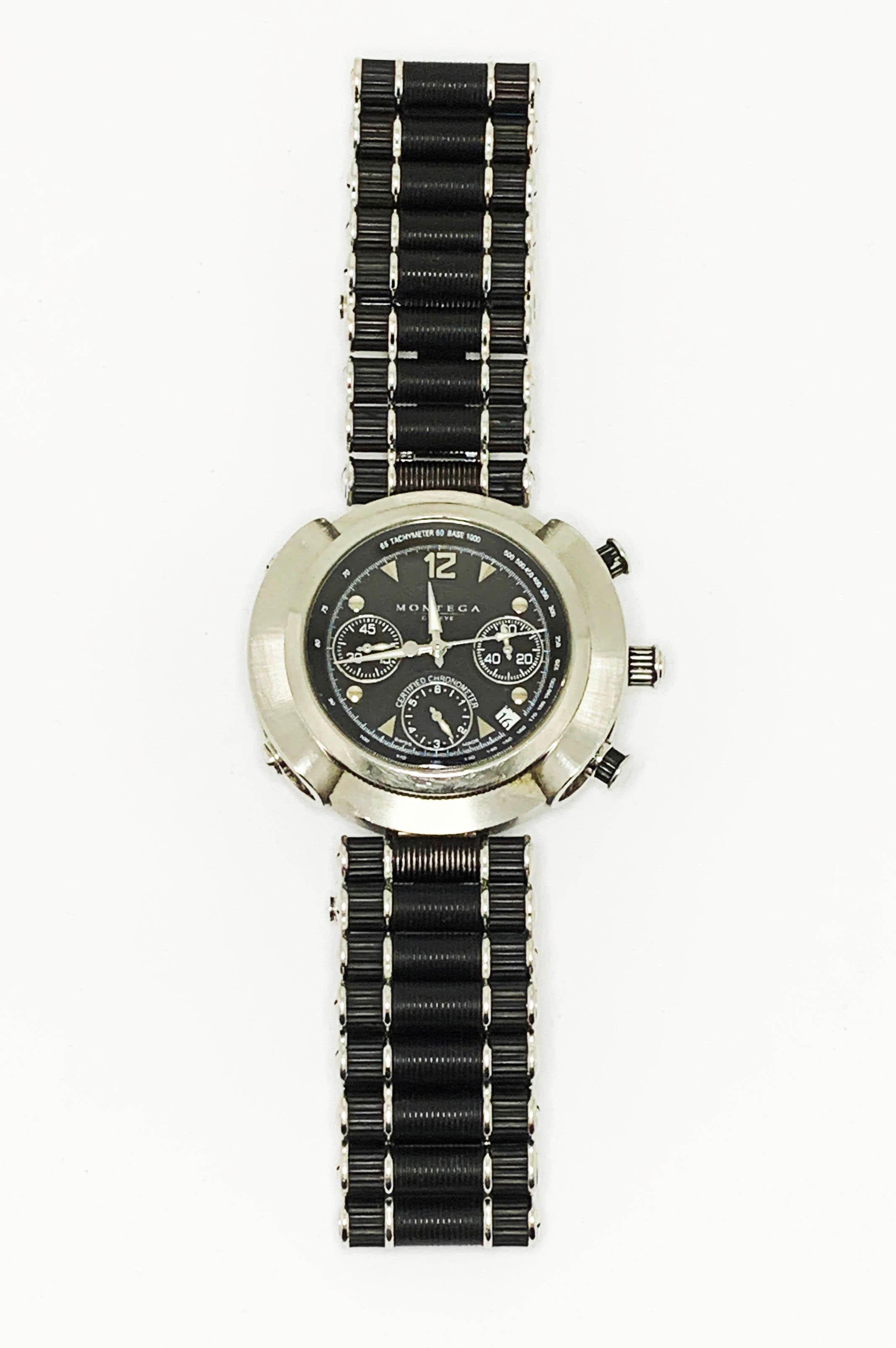 Montega 
MC01
rare example of this Swiss brand which created this chronometer in partnership with Ronaldo.
the shape of the box resumes the shape of the Maracana stadium seen from above
steel and rubber
black dial/ 3 black counters
date at 4 o'clock
