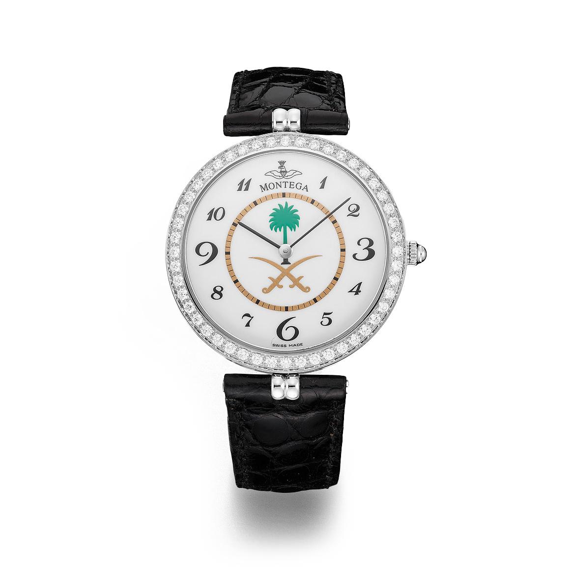 Montega watch in steel, Saudi Arabia dial, bezel set with 48 diamonds 0.89 cts with prong buckle alligator strap quartz movement                