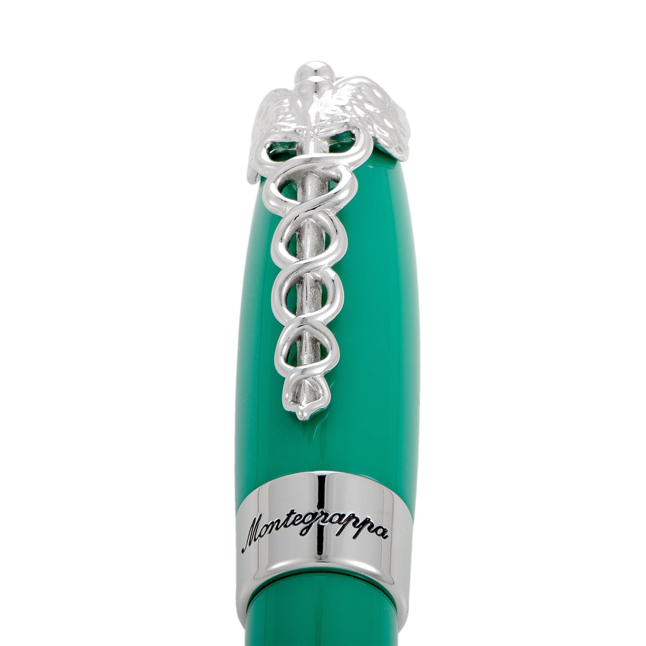 The Montegrappa “Caduceus” ballpoint pen is made of resin with palladium-plated trim. The pen is presented in medical green that is accentuated by the caduceus symbol.