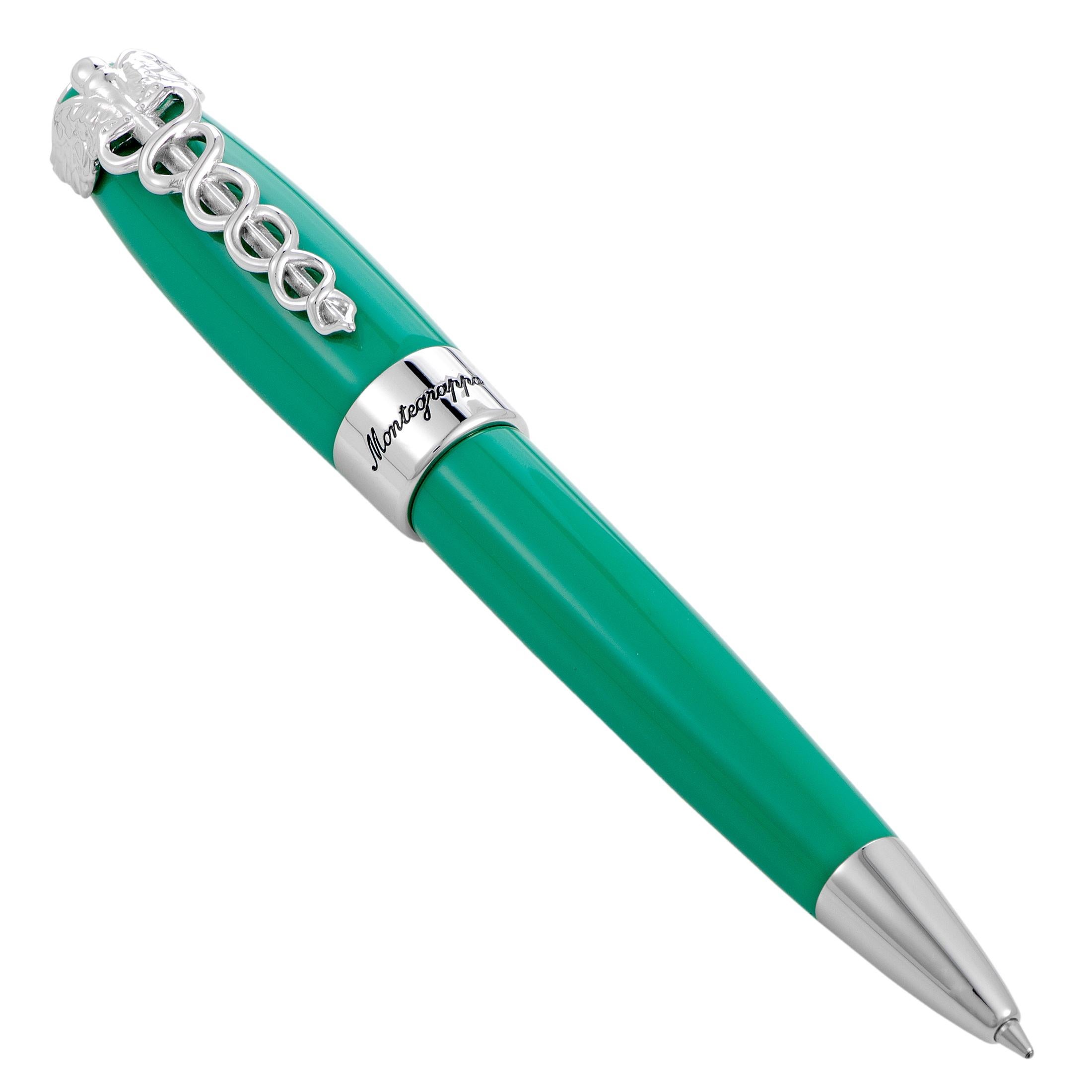 Montegrappa Caduceus Medical Green Resin and Palladium Ballpoint Pen In New Condition In Southampton, PA