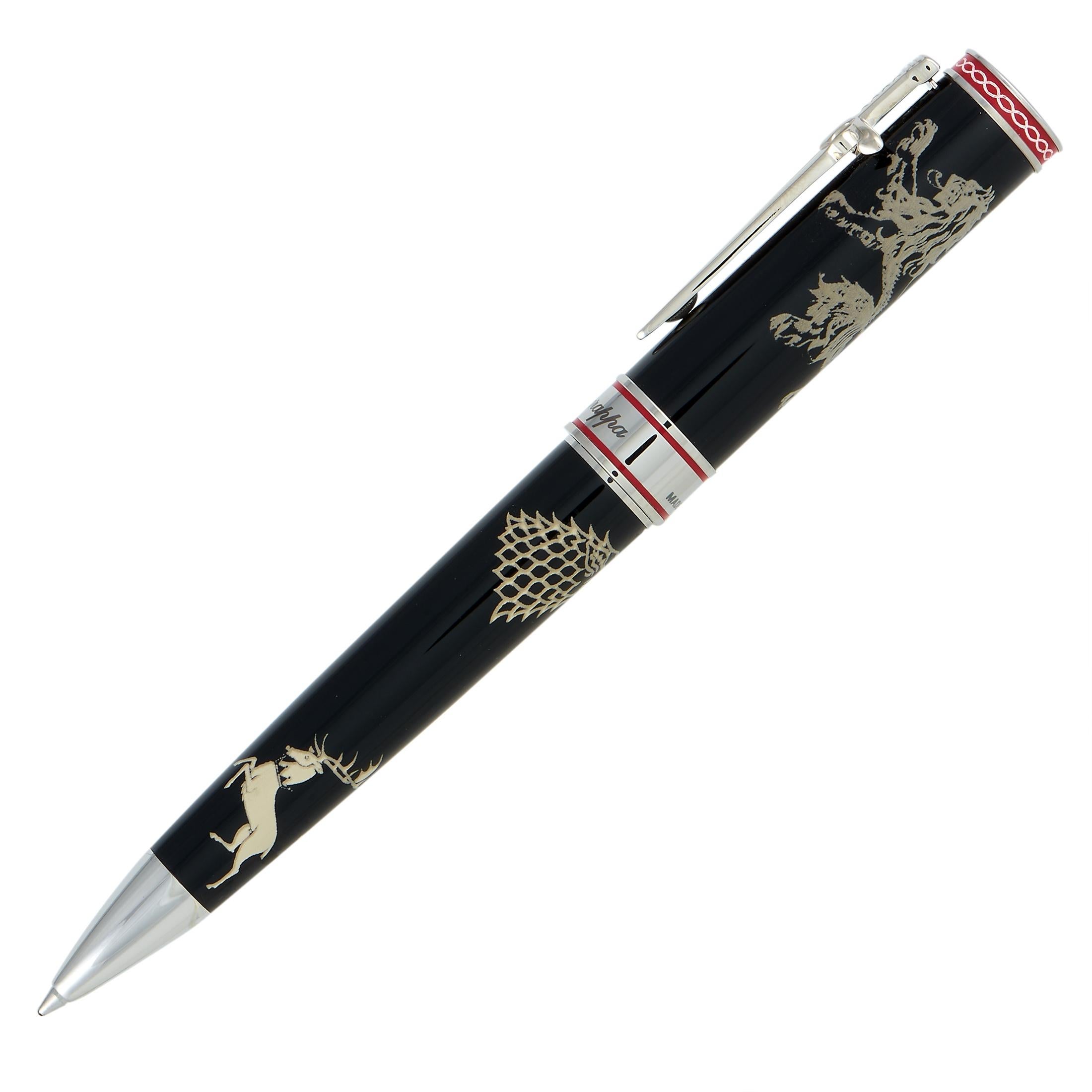 This Montegrappa ballpoint pen is presented within the “Game of Thrones” collection and embellished with motifs from the fantasy continent of Westeros, topped off with a sword-shaped pocket clip. The pen is made out of resin and stainless steel.
 
