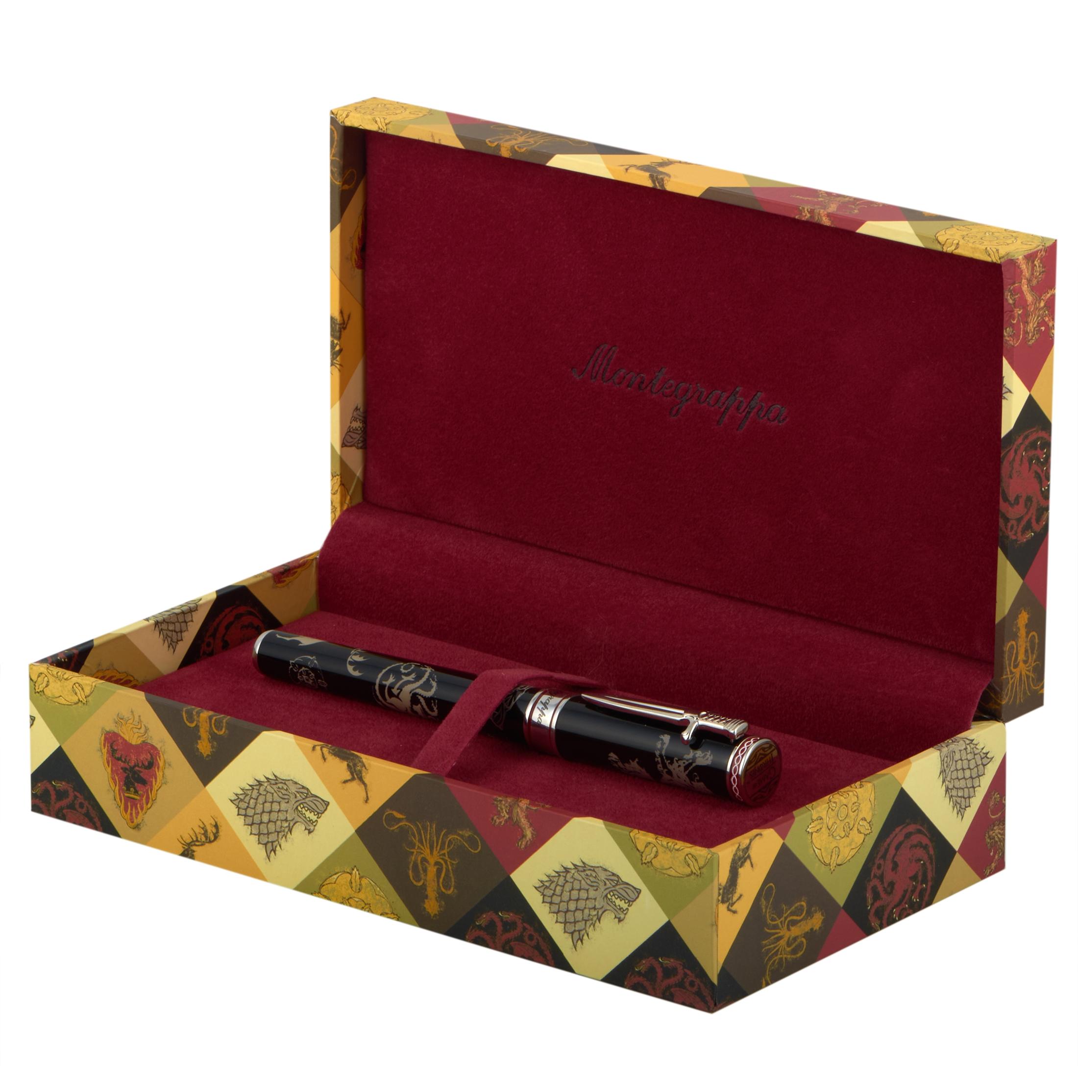 This Montegrappa fountain pen is presented within the “Game of Thrones” collection and embellished with motifs from the fantasy continent of Westeros, topped off with a sword-shaped pocket clip. The pen is made out of resin and stainless steel and