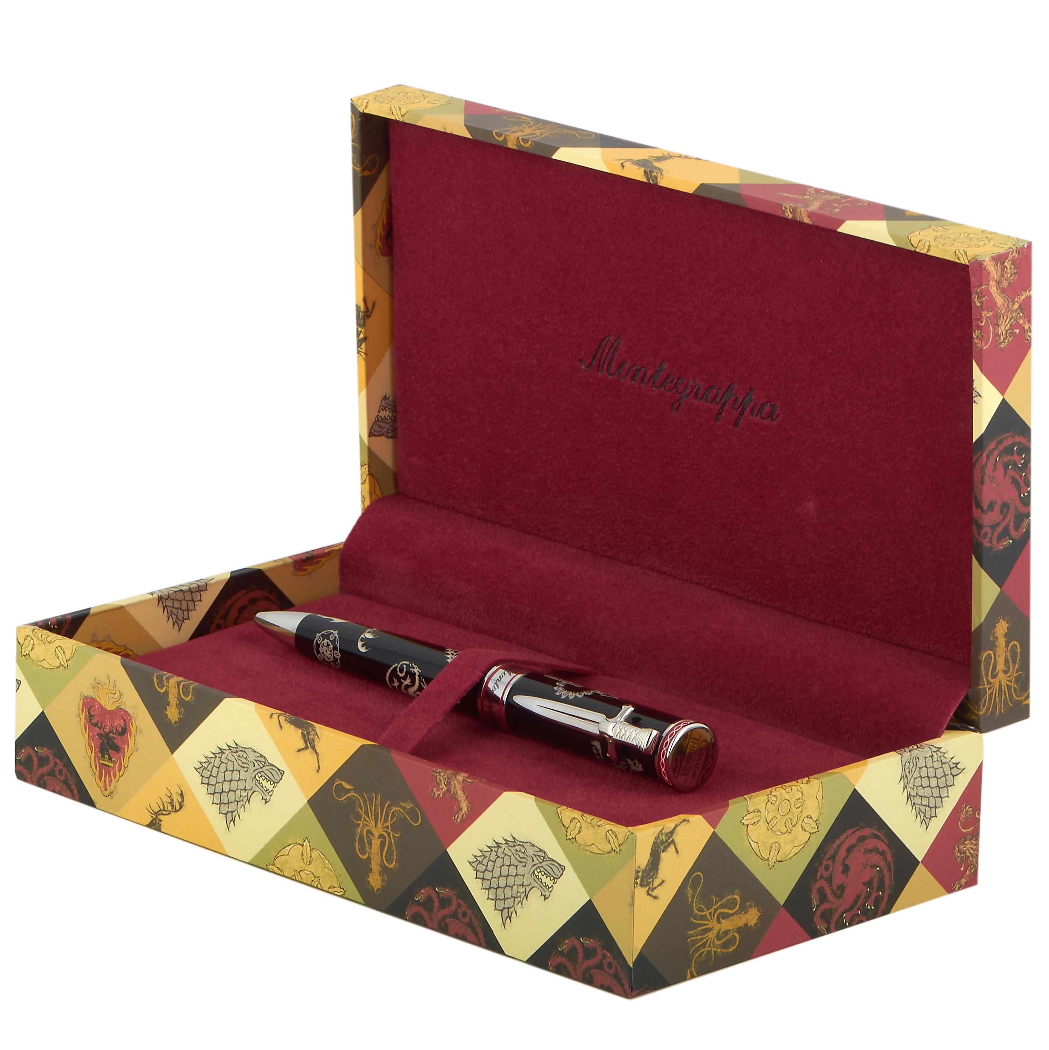 This Montegrappa rollerball pen is presented within the “Game of Thrones” collection and embellished with motifs from the fantasy continent of Westeros, topped off with a sword-shaped pocket clip. The pen is made out of resin and stainless steel.
 
