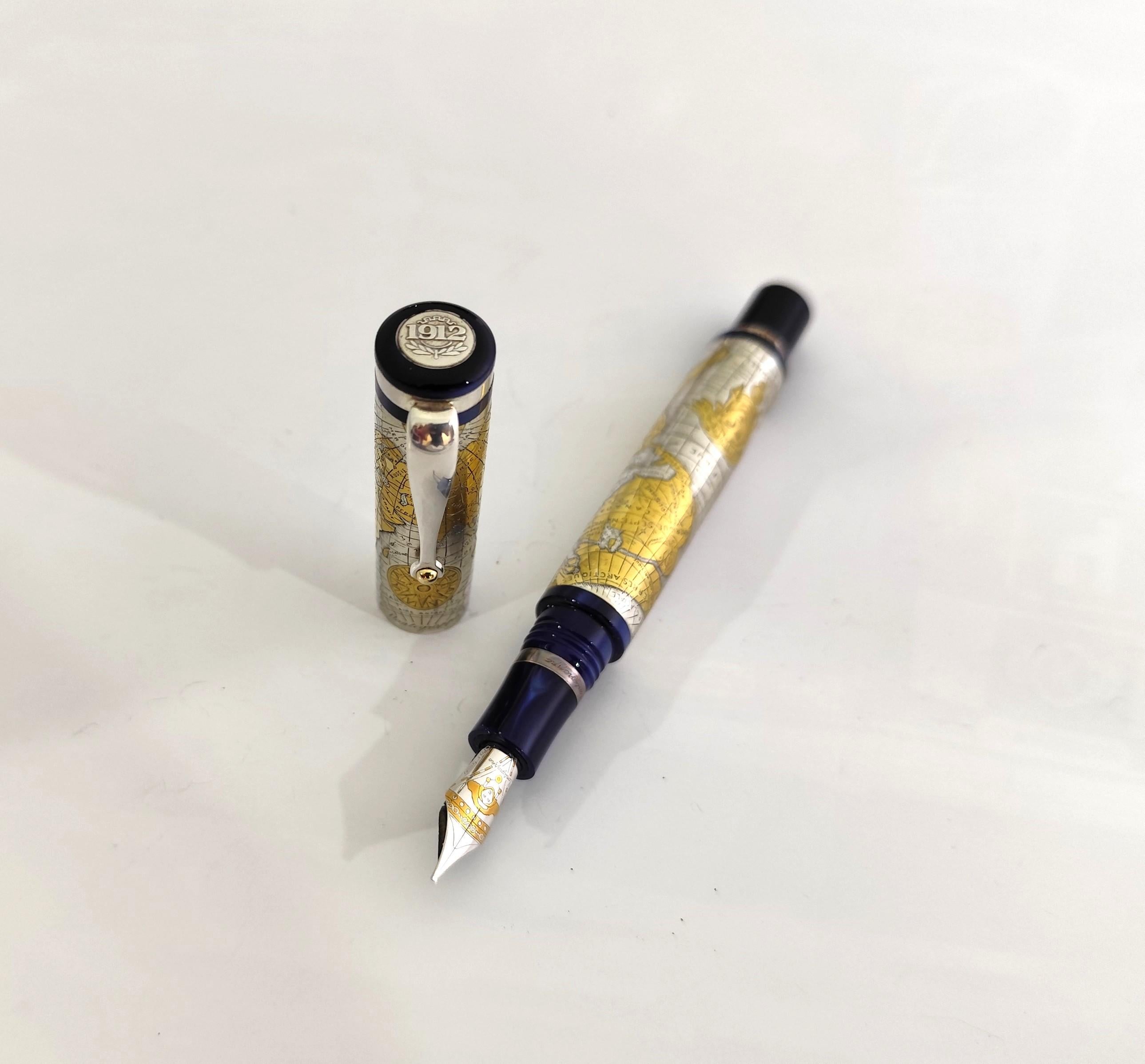 Montegrappa Gea 2001 Limited Edition Sterling Silver 18K M Nib Fountain in Box Bon état - En vente à Toronto, CA