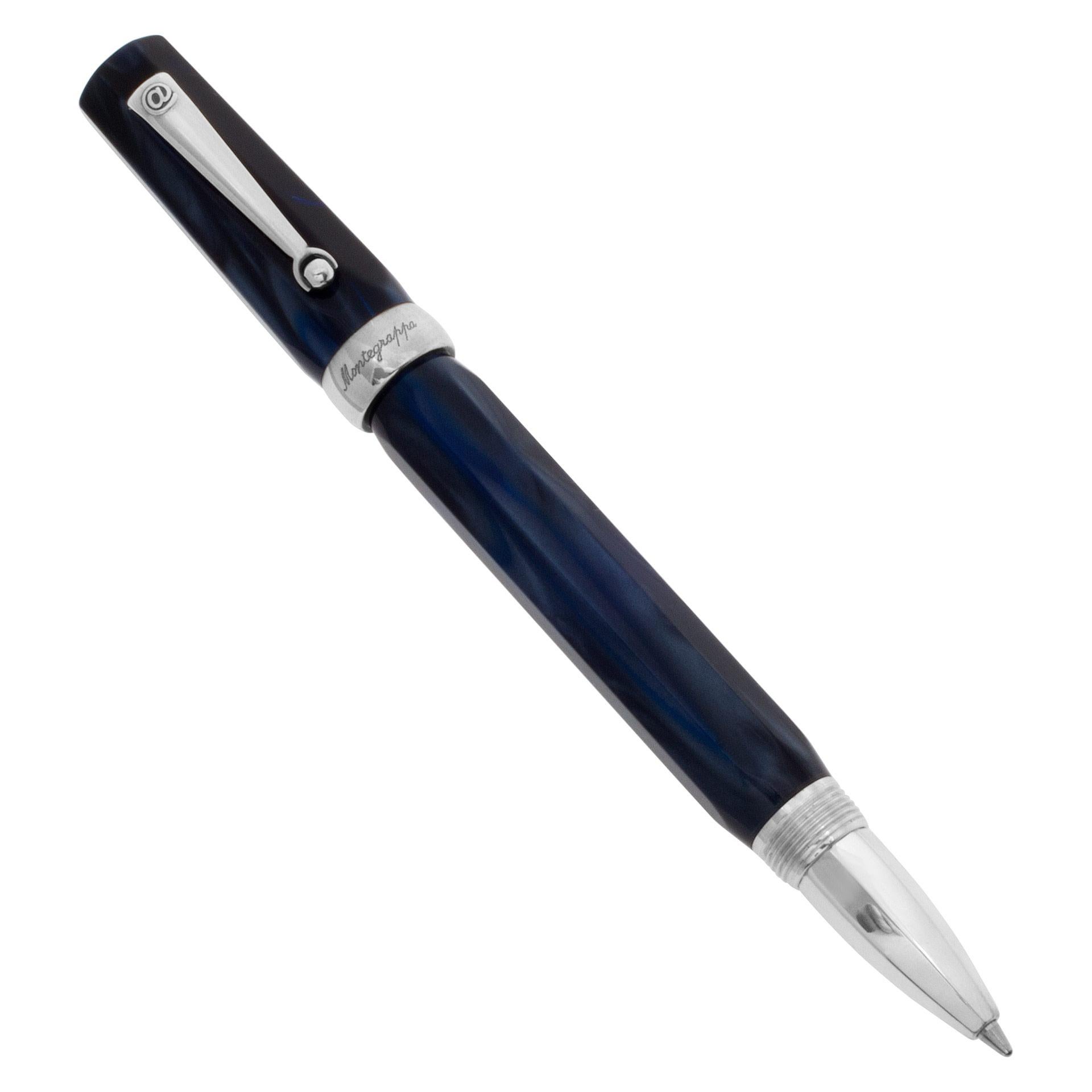 Montegrappa micra palm ballpoint pen octagonal pearlized blue resin barrel and cap with sterling silver trim. Diameter: 13mm. Length: 5.4