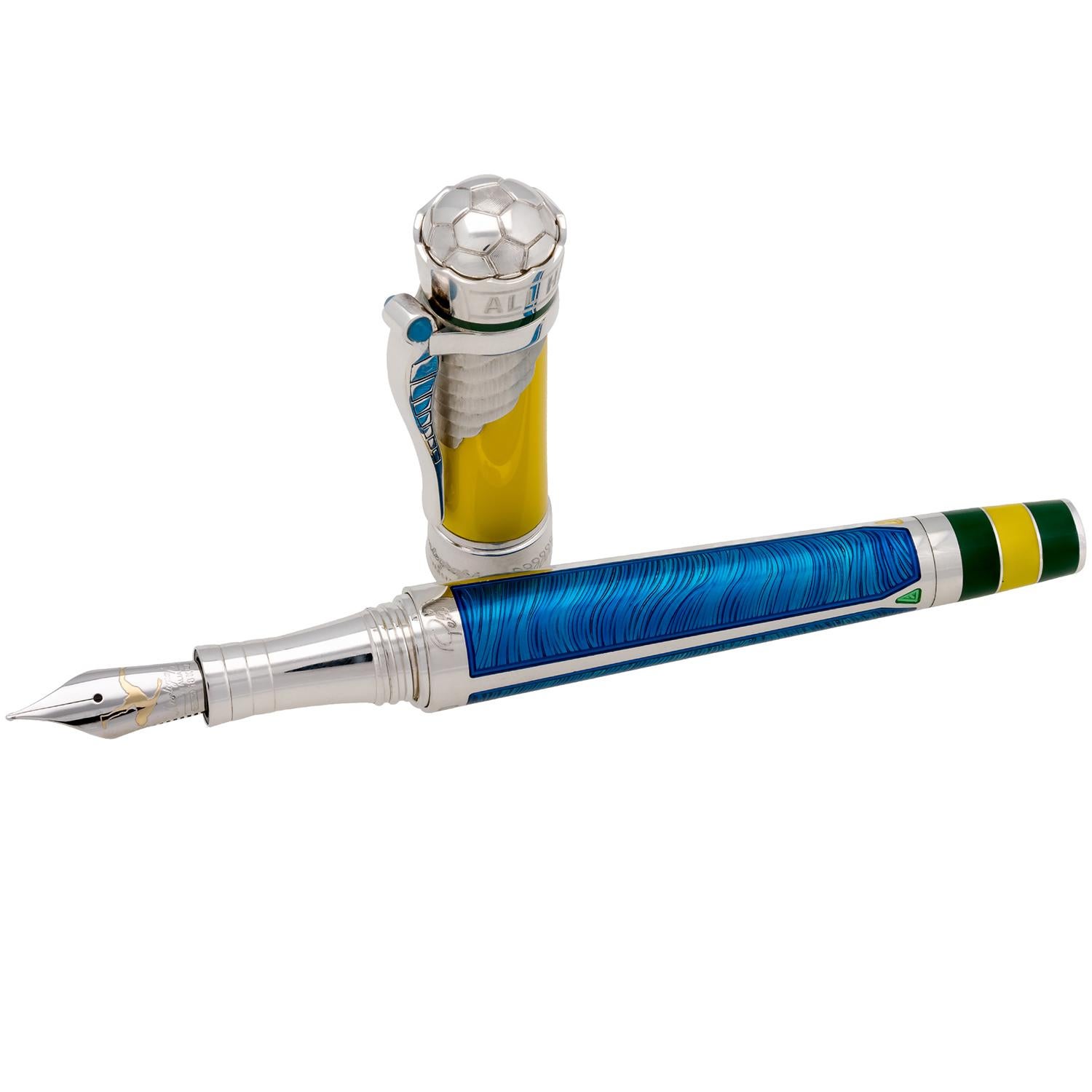 In honor of one of the most celebrated sportsmen of the 20th century, Montegrappa presented this exquisite limited edition fountain pen in the colors of his home country. Made of blue and yellow resin with sterling silver trim and 18K yellow gold