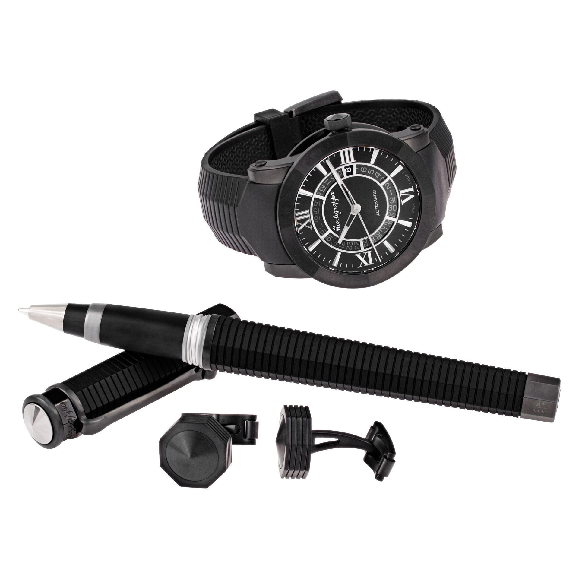 Brand new Montegrappa Nero Uno All-Black set with watch, pen, and cufflinks. Skeleton Date watch with ETA automatic movement under glass. Limited edition set 280/999 Fine Pre-owned Montegrappa Watch.   Certified preowned Montegrappa Skeleton Date