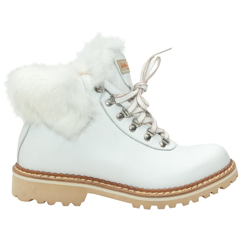 Montelliana White Leather Fur-Trimmed Work Boots at 1stDibs