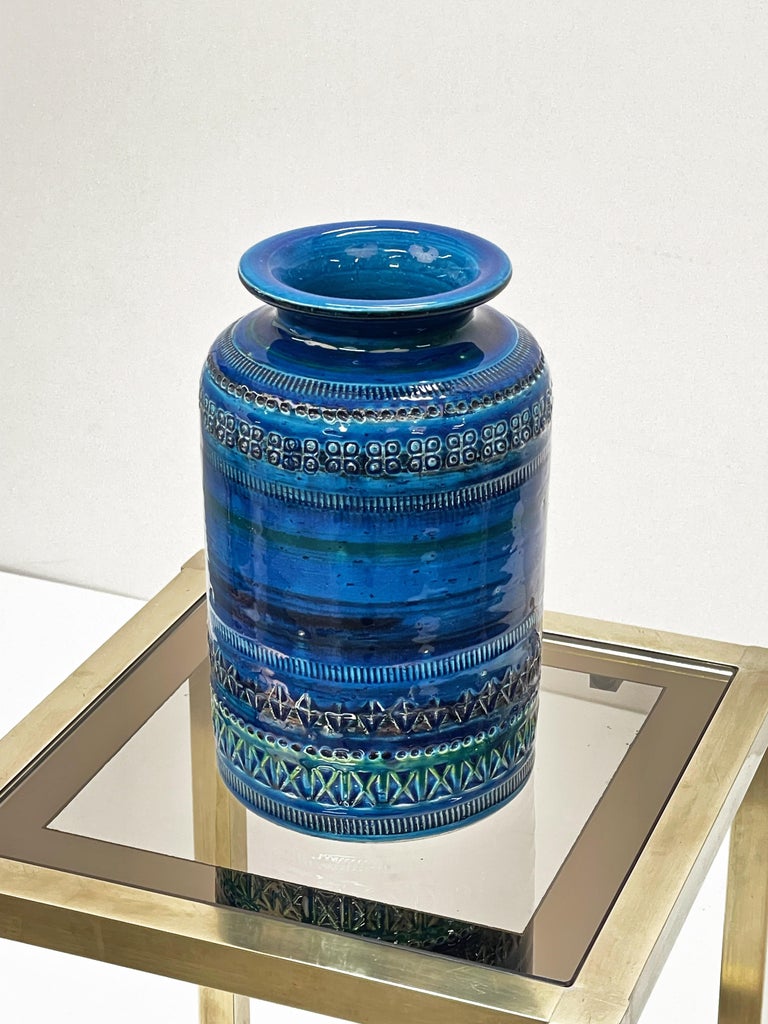 Montelupo and Londi Midcentury Blue Ceramic Italian Vase for Bitossi, 1960s In Good Condition For Sale In Roma, IT