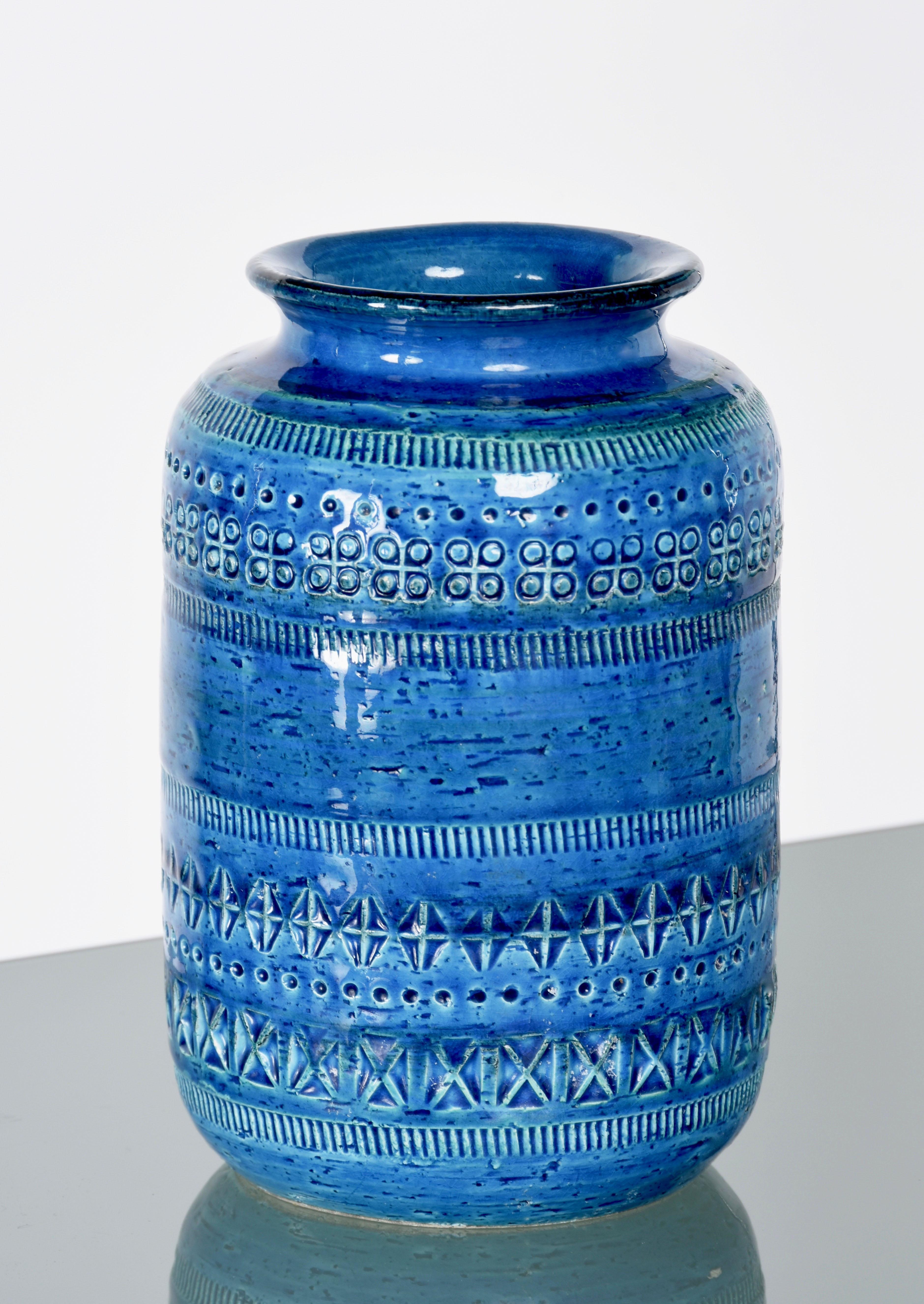 Mid-Century Modern Montelupo and Londi Mid-Century Blue Ceramic Italian Vase for Bitossi, 1960s For Sale