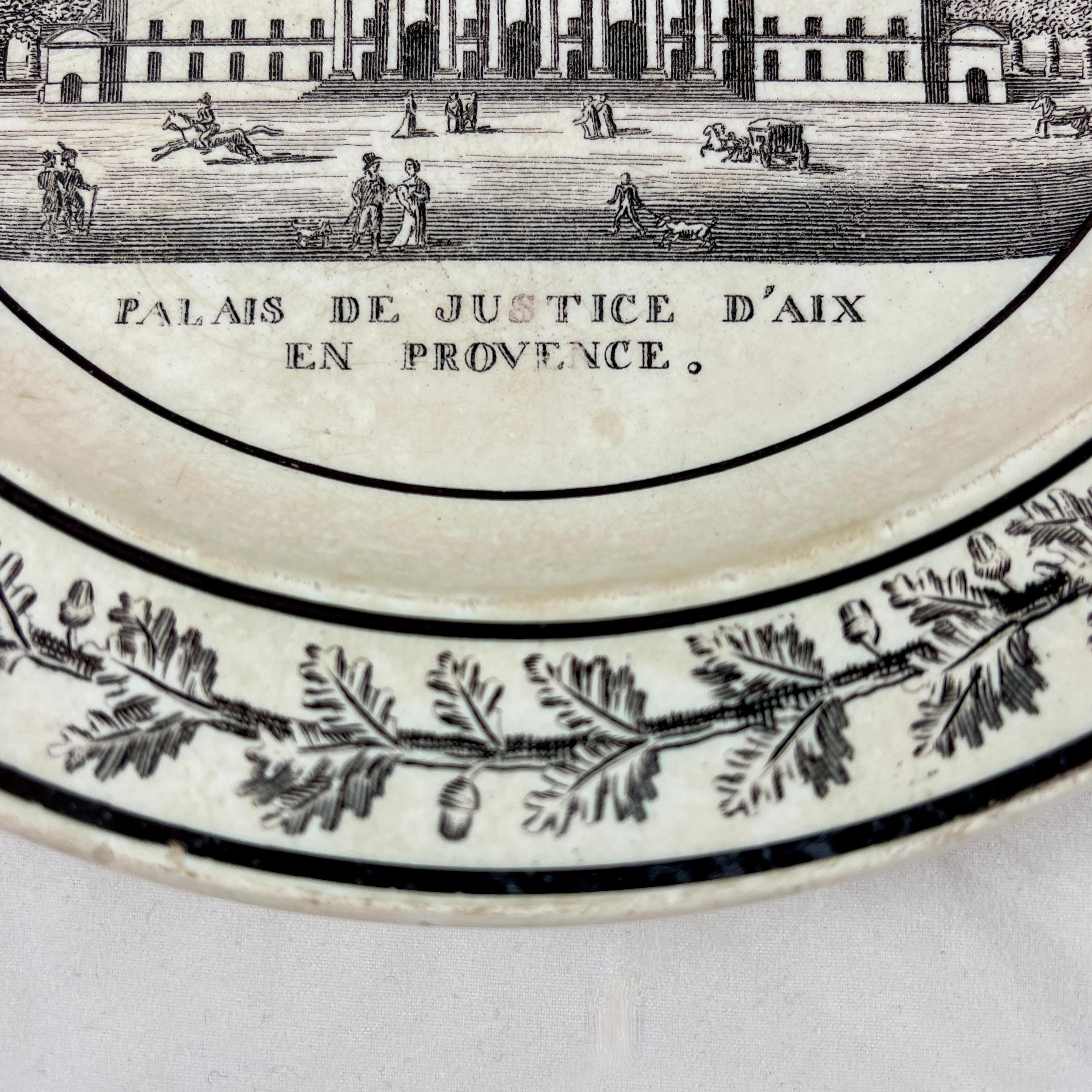 Neoclassical Montereau Creil French Creamware Faïence d’Aix en Provence Architecture Plate For Sale