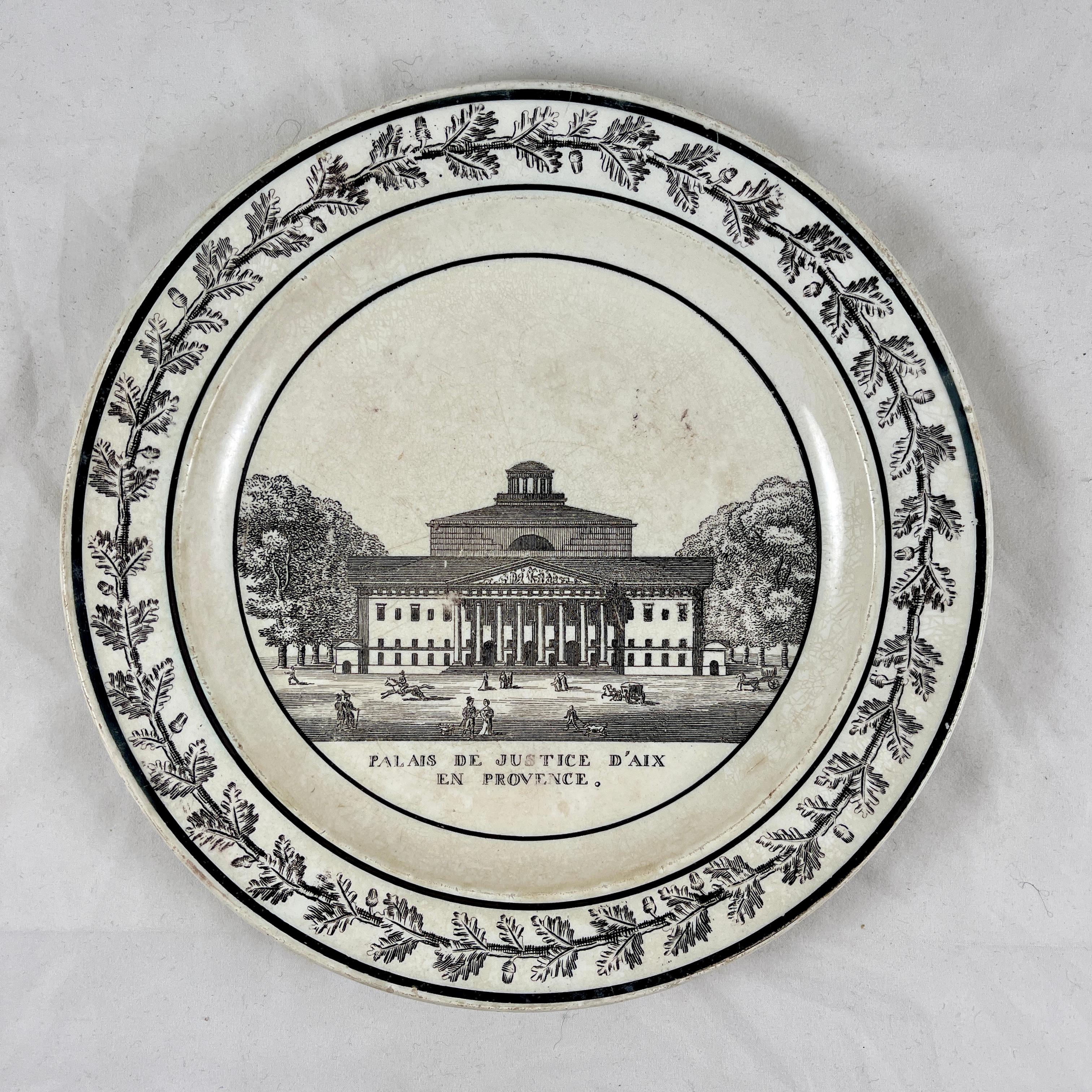 19th Century Montereau Creil French Creamware Faïence d’Aix en Provence Architecture Plate For Sale