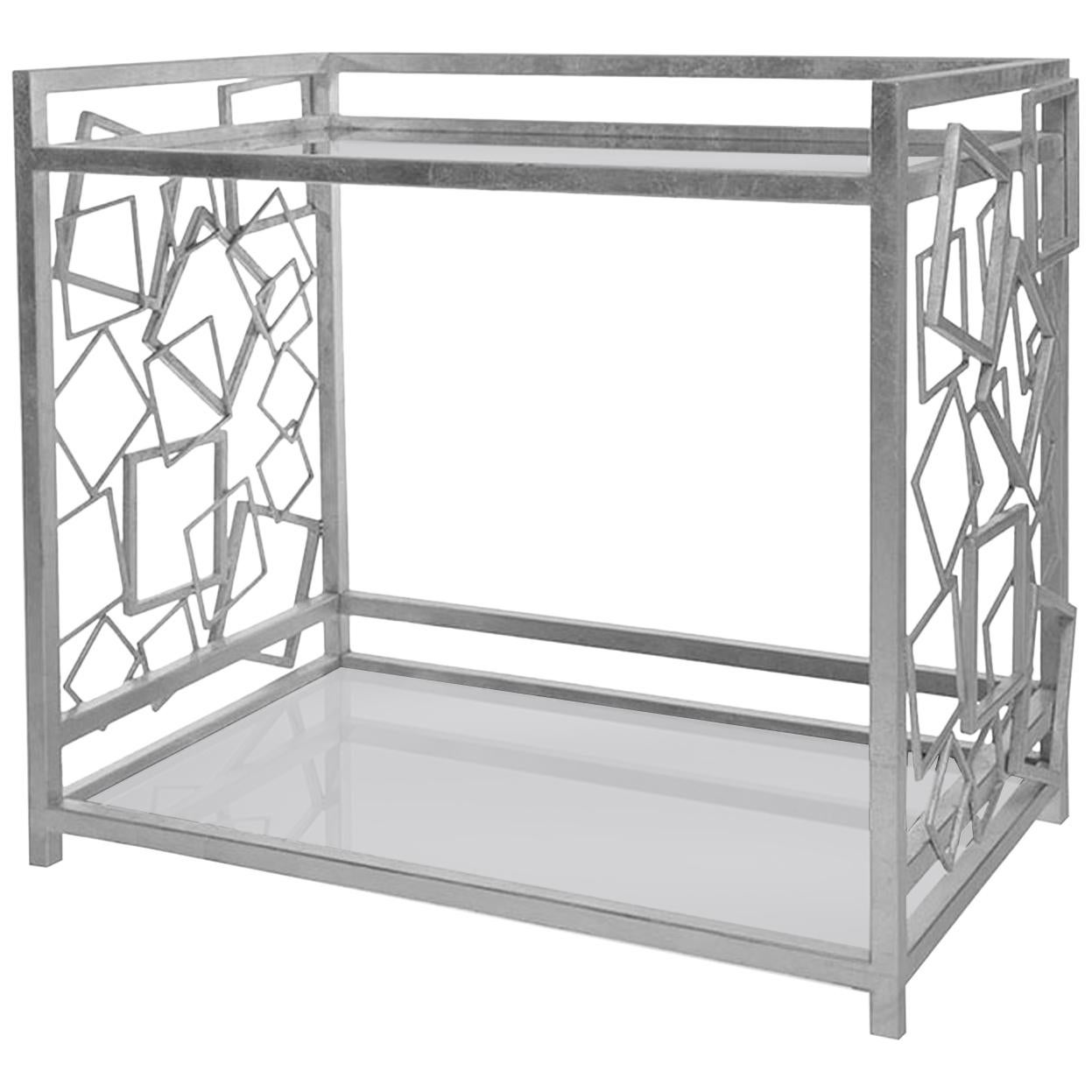 Monterey Bar Cart in Silver Leaf & Smoked Glass by Innova Luxuxy Group For Sale