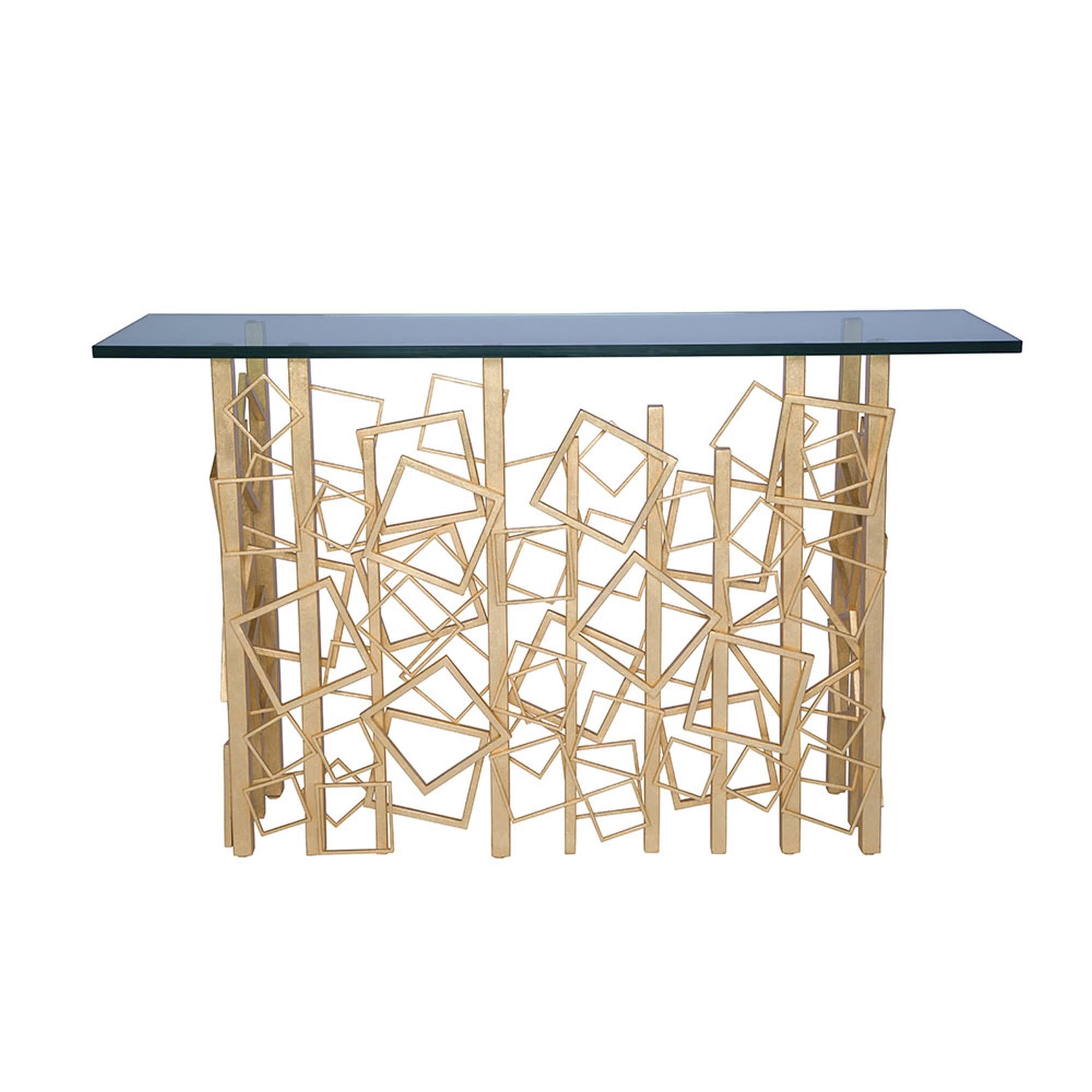 Metalwork Monterey Console in Gold Leaf and Glass by Innova Luxuxy Group For Sale