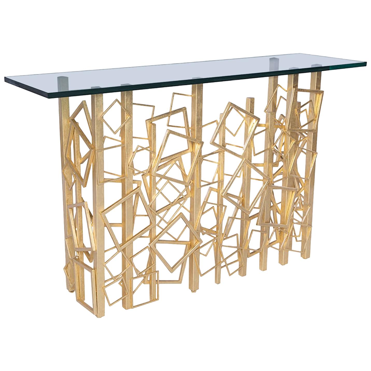 Monterey Console in Gold Leaf and Glass by Innova Luxuxy Group For Sale