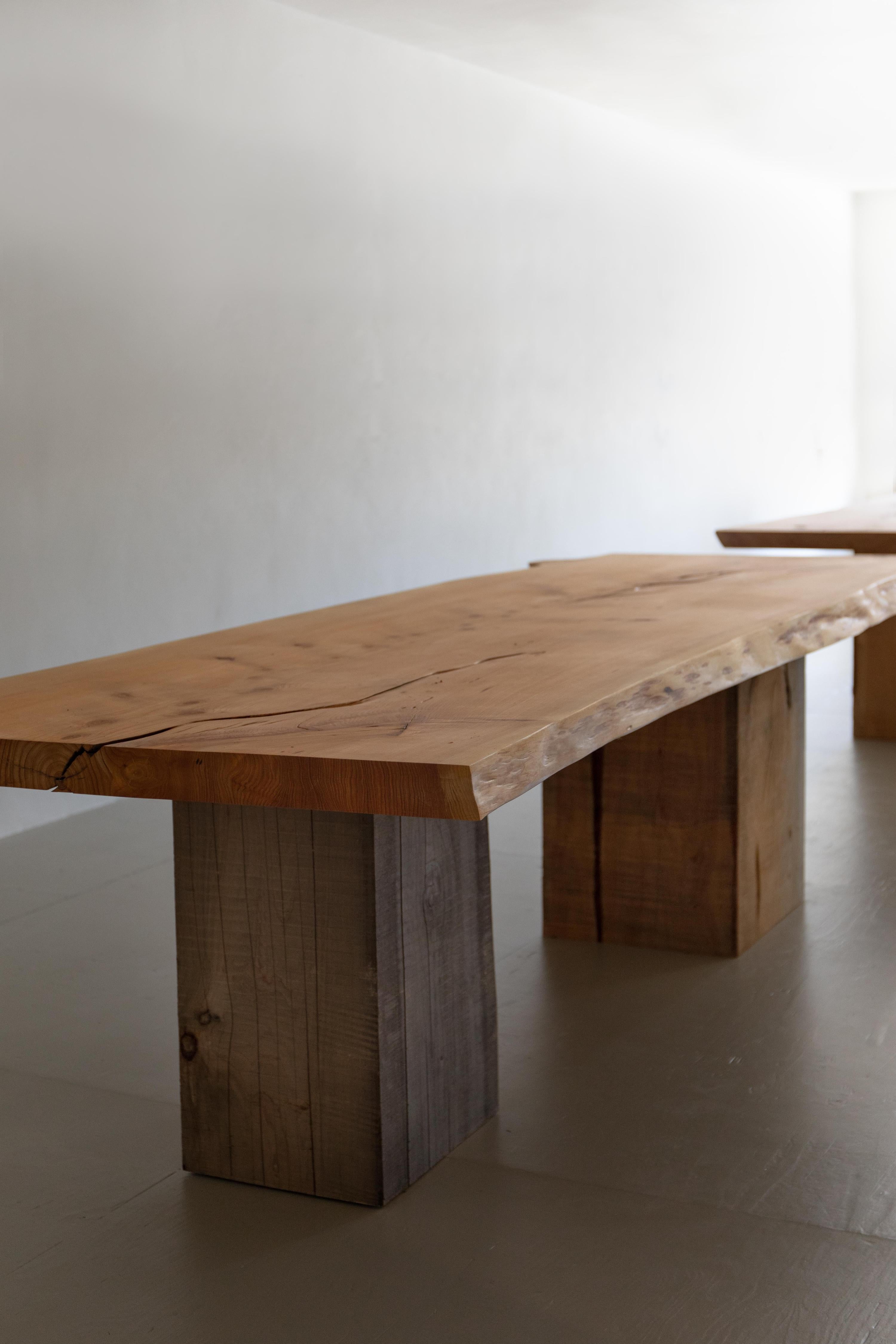 Rare unfinished Monterey cypress slab top table with reclaimed Monterey cypress plinth table bases. Can be used indoors or out. 

10'L x 38-42
