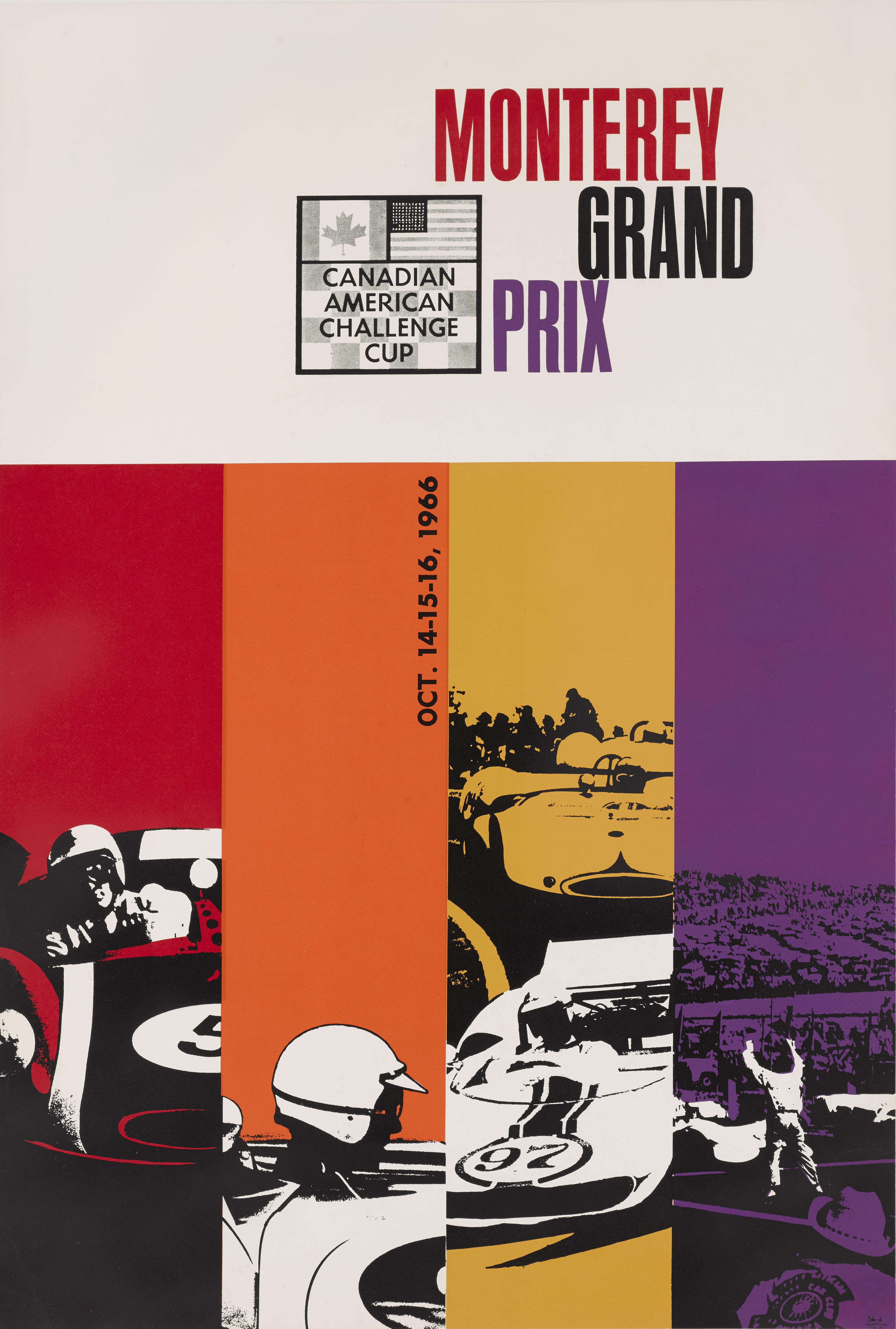 Original US IMSA (silkscreen) poster for the Monterey Grand Prix in 1966.
Held on the shores of California's Laguna Seca Raceway, the IMSA Monterey Grand Prix, 1966
This poster is in excellent condition, with the colors remaining very bright.