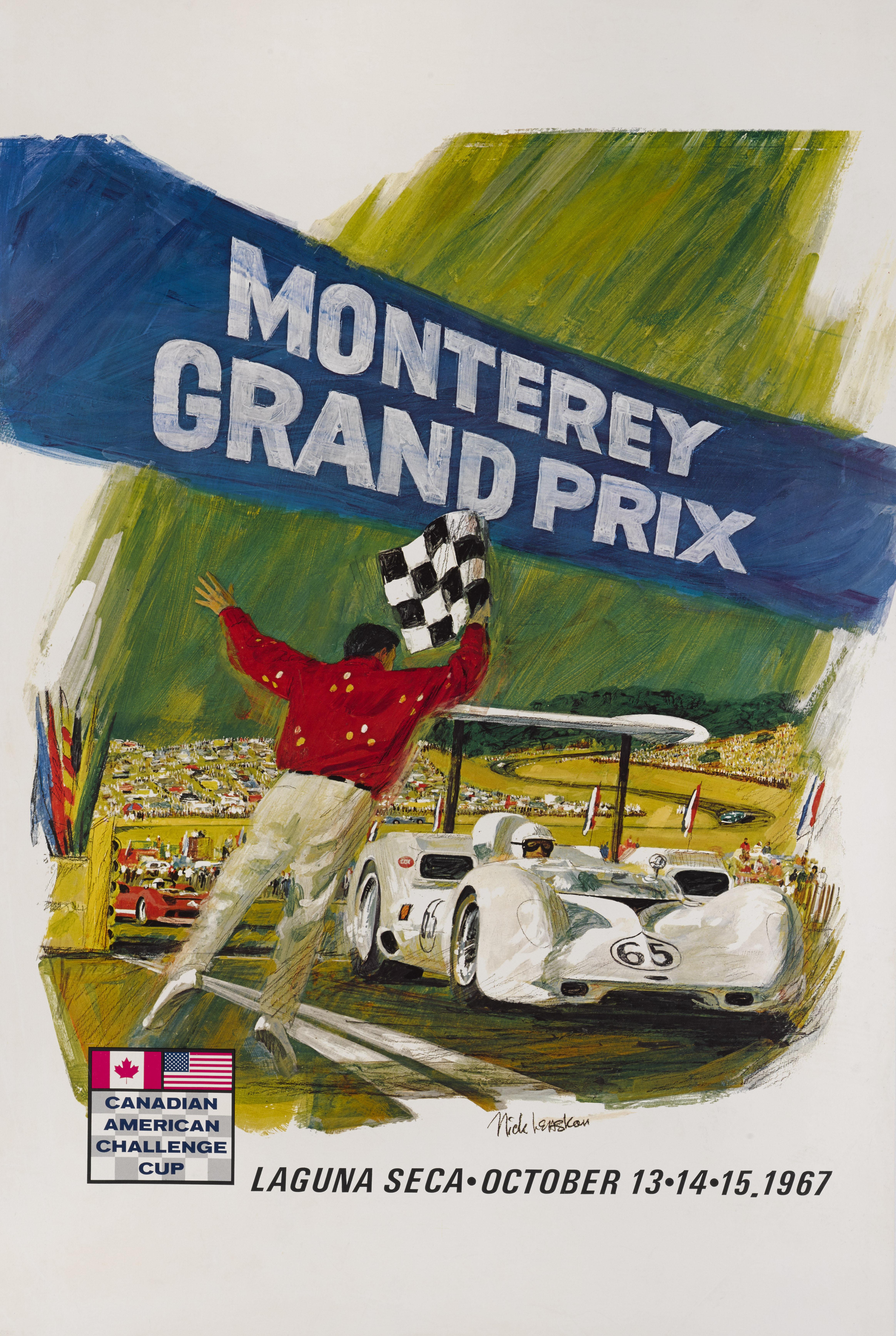 Original US poster for the Monterey Grand Prix in 1967.
The Monterey Grand Prix is held on the shores of California's Laguna Seca Raceway.
The artwork on this poster is by Nick Leaskon.
This poster is in excellent condition, with the colors