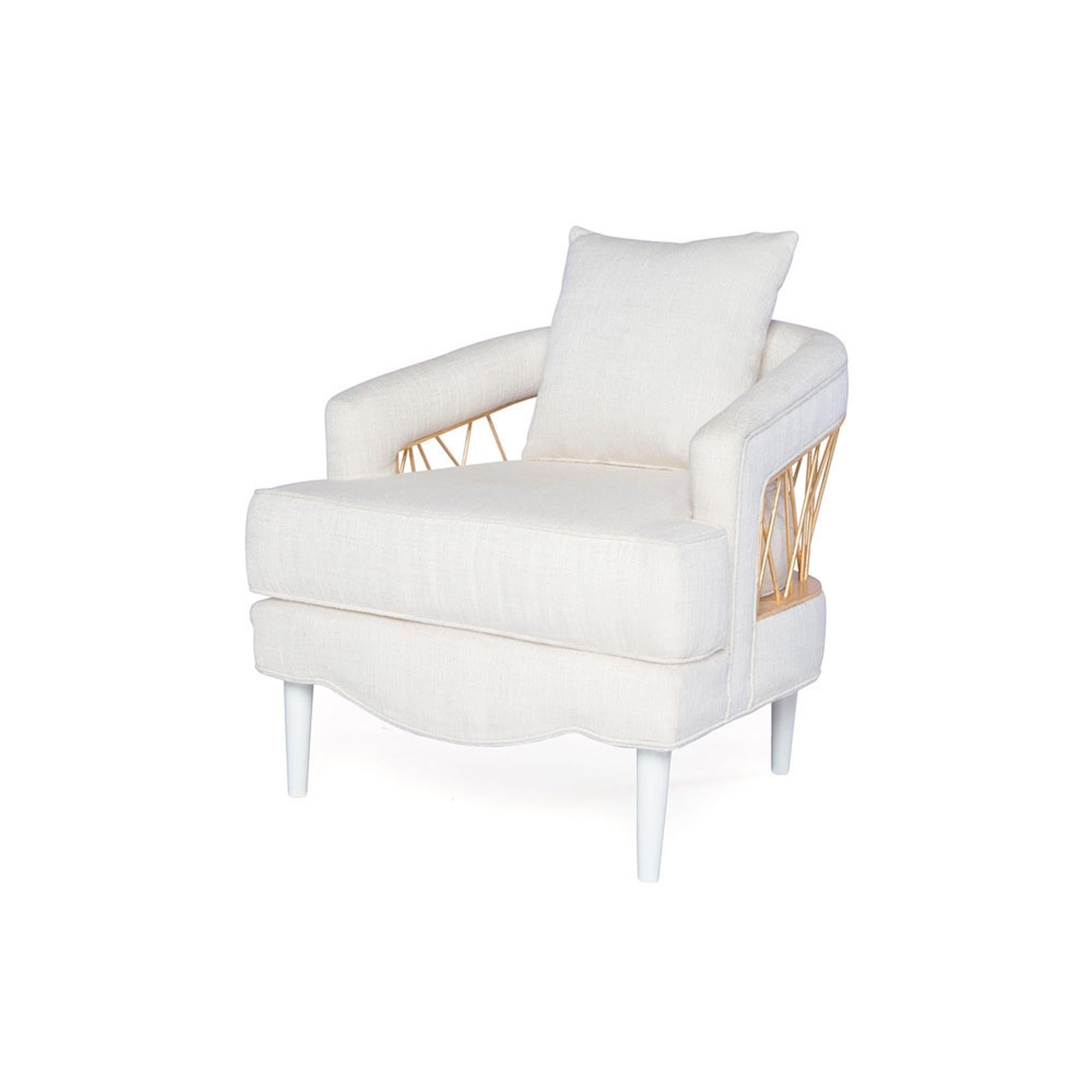 Experience incredible sophistication with this comfortable and captivating lounge chair. The Monterey lounge chair I gracefully combines quality upholstery with artistic hand- gilded metal detailing to bring utmost design to seating. Openwork lines