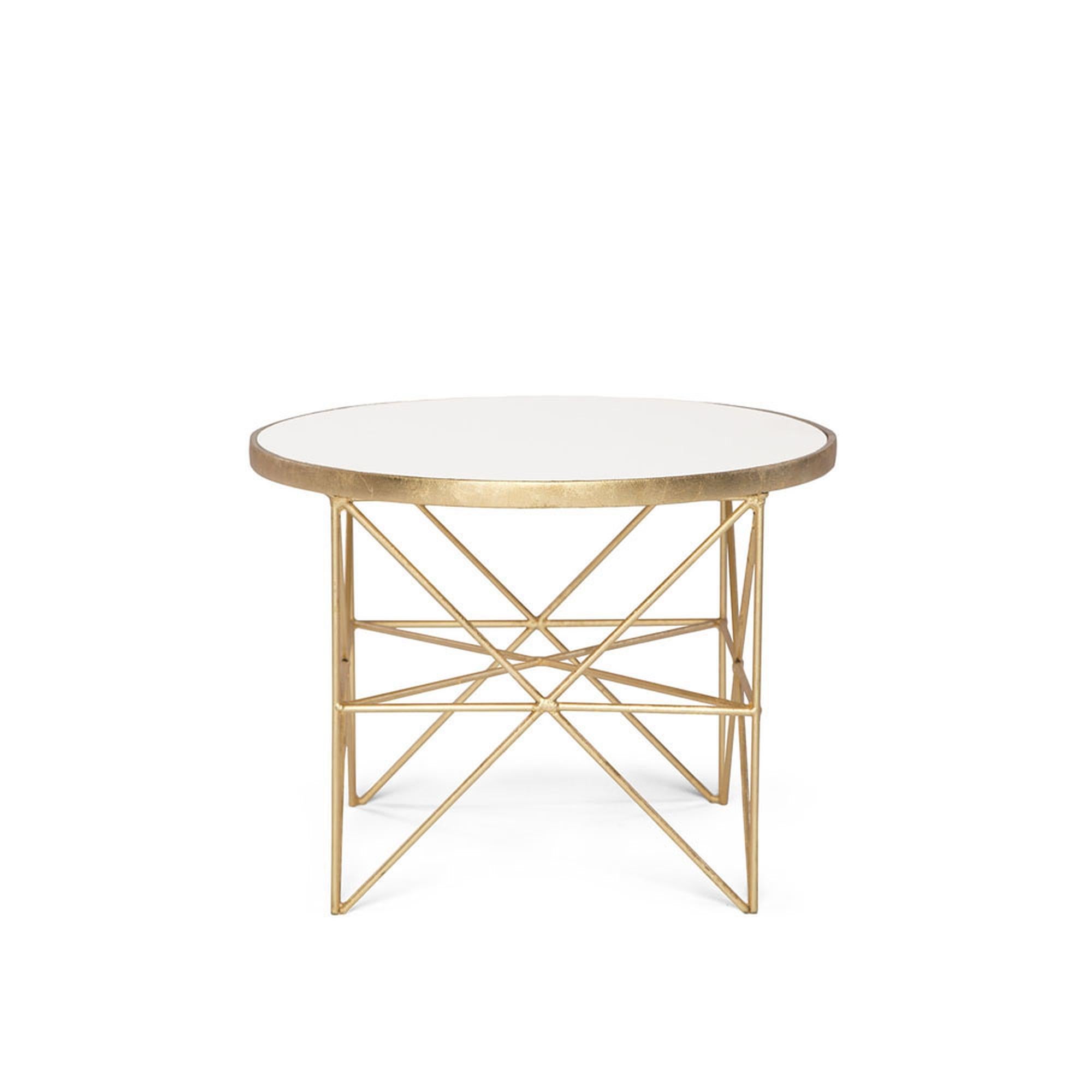 This handmade Monterey short side table features an intricate hand-gilded metal base and a hand-finished wood top. Elegant and functional, this side table unifies style and aesthetic by adding a touch of Old Hollywood glitz on a hand-gilded