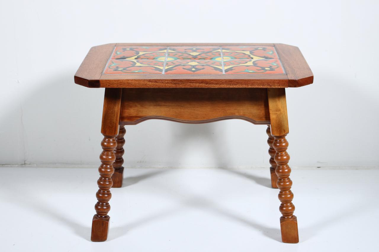 Monterey Style Turned End Table with Orange & Yellow Spanish Tiles, C. 1930 For Sale 3