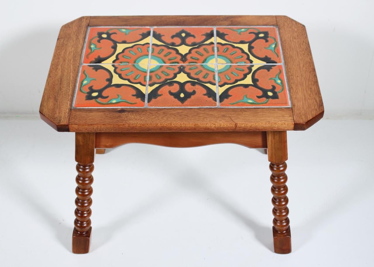 Monterey Style Turned End Table with Orange & Yellow Spanish Tiles, C. 1930 For Sale 13