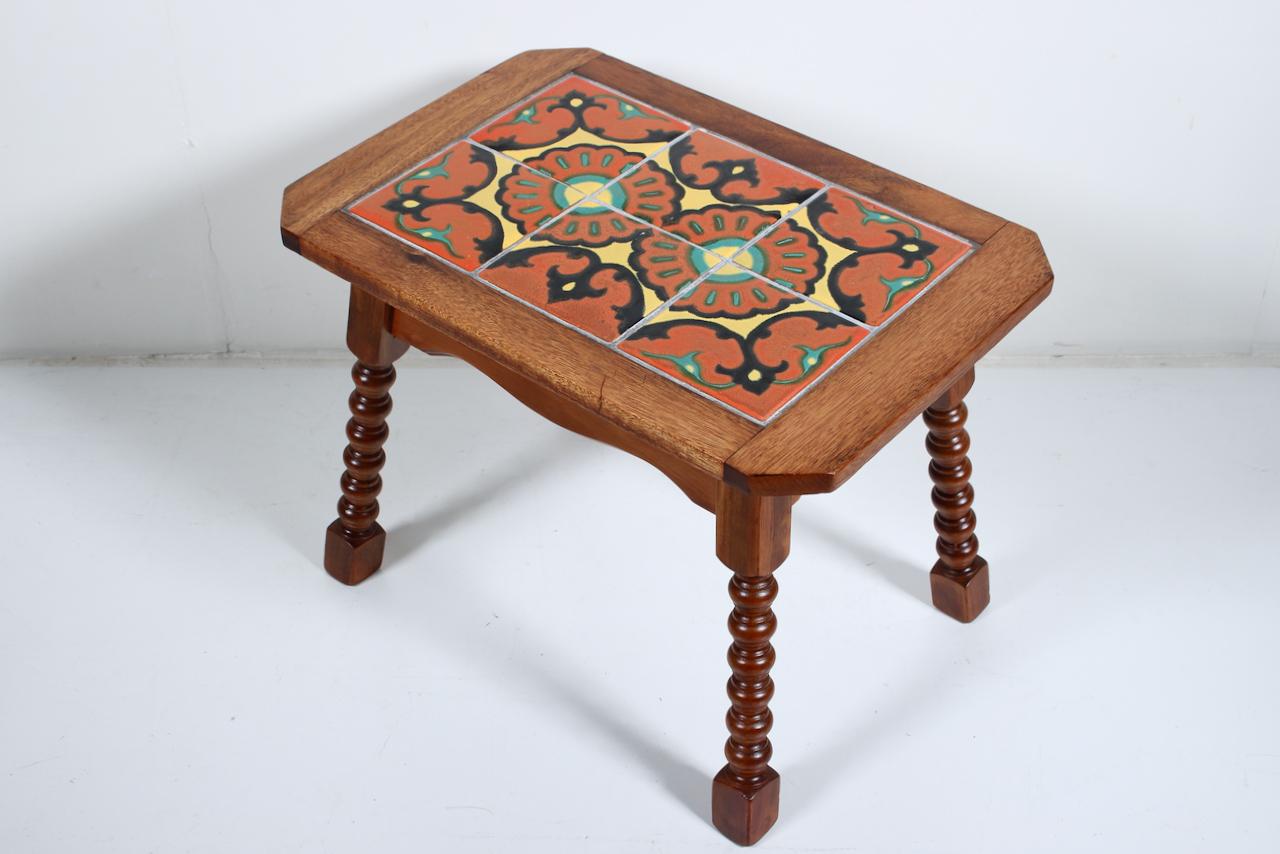 Arts and Crafts Monterey Style Turned End Table with Orange & Yellow Spanish Tiles, C. 1930 For Sale