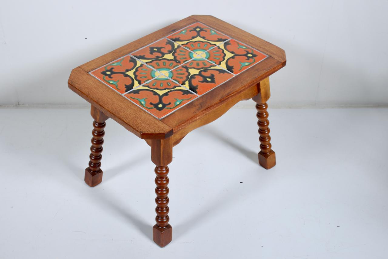 American Monterey Style Turned End Table with Orange & Yellow Spanish Tiles, C. 1930 For Sale