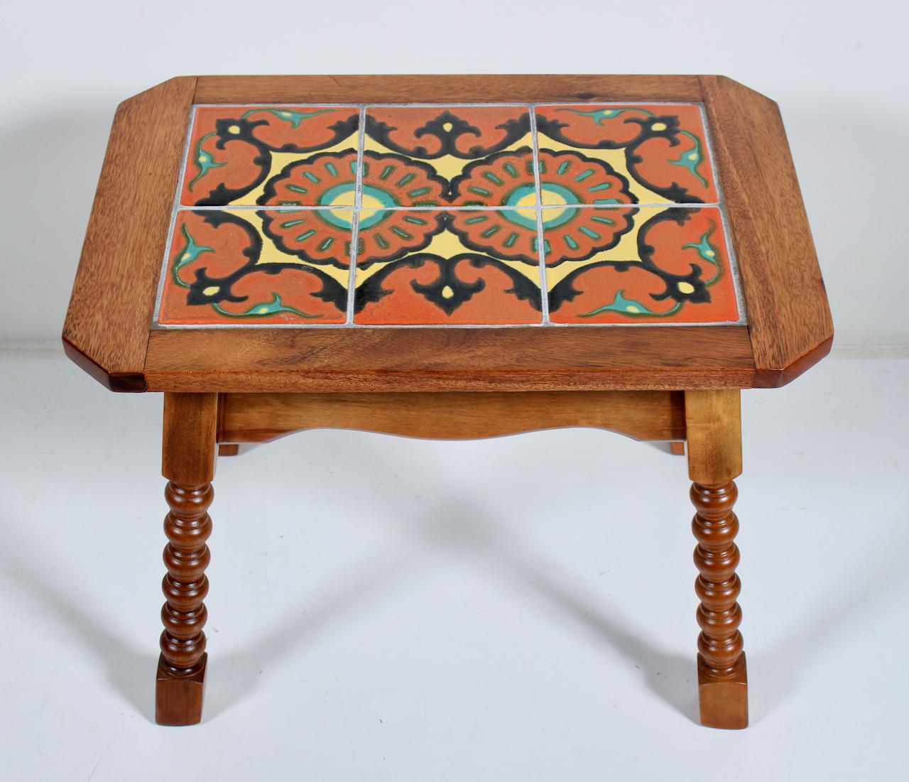 20th Century Monterey Style Turned End Table with Orange & Yellow Spanish Tiles, C. 1930 For Sale