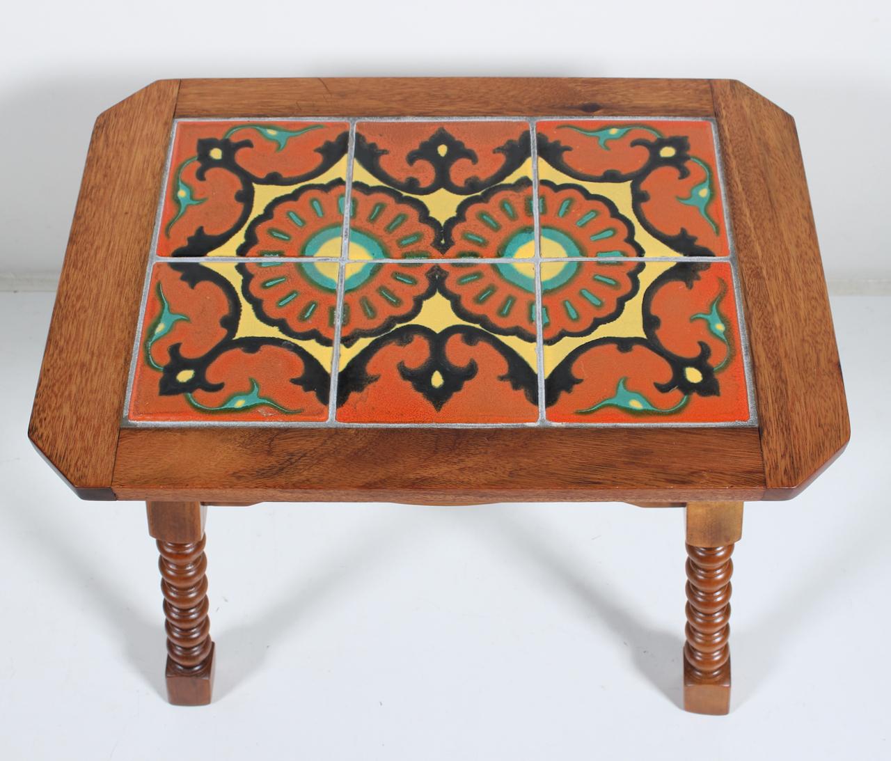 Ceramic Monterey Style Turned End Table with Orange & Yellow Spanish Tiles, C. 1930 For Sale