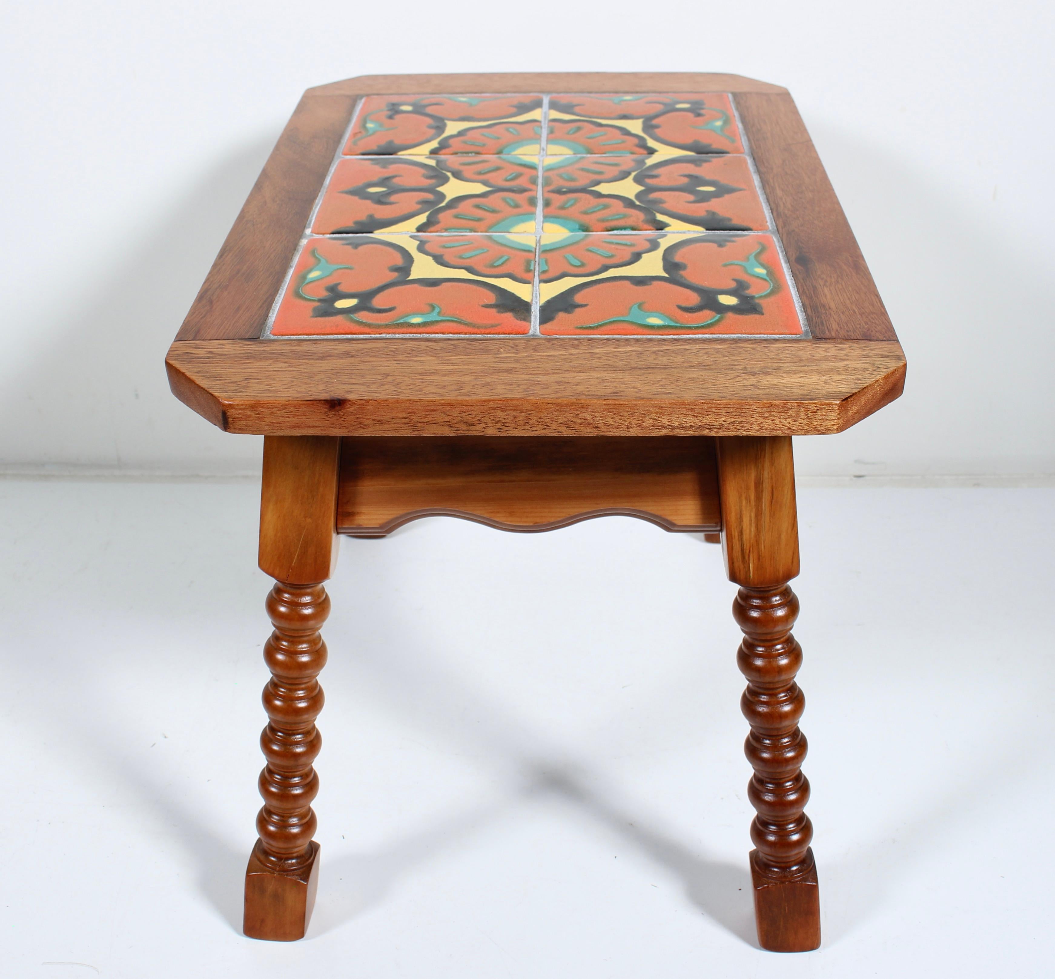 Monterey Style Turned End Table with Orange & Yellow Spanish Tiles, C. 1930 For Sale 1