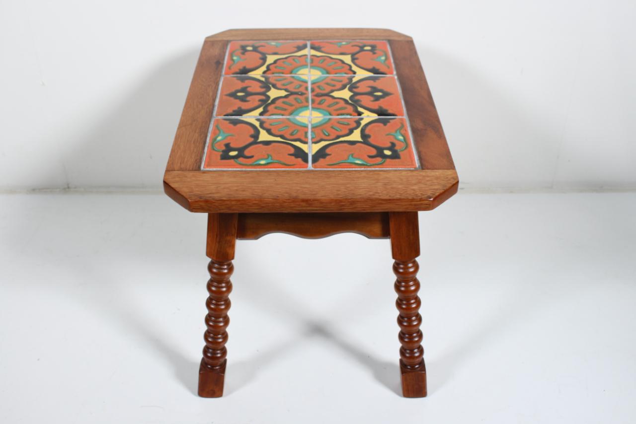 Monterey Style Turned End Table with Orange & Yellow Spanish Tiles, C. 1930 For Sale 2