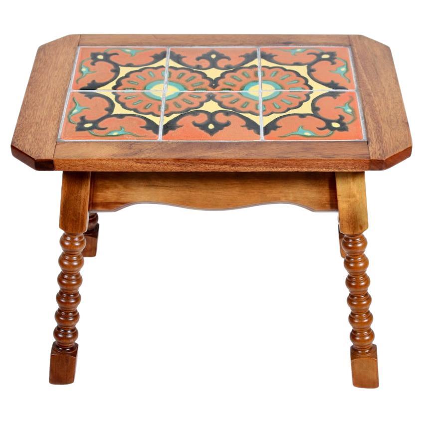 Monterey Style Turned End Table with Orange & Yellow Spanish Tiles, C. 1930 For Sale