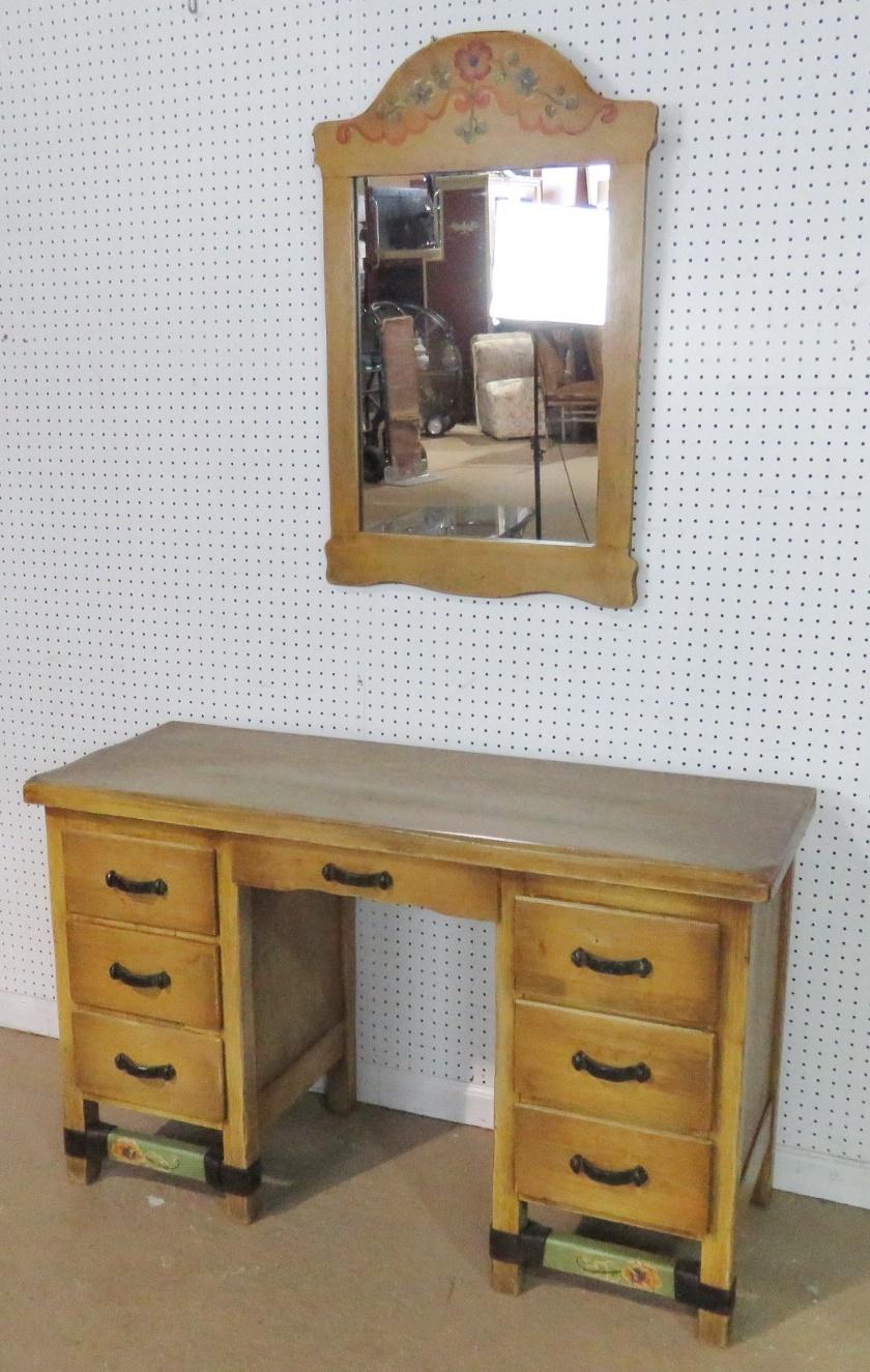 Monterey style paint decorated 7-drawer vanity with matching wall mirror. Vanity measures: 29.5