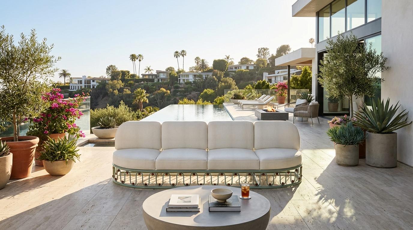 Le canapé Monterosso, créé en partenariat avec Mediterrazza, est un meuble de luxe pour l'extérieur. Fabriqué à la main en métal laqué dans un ton vert clair doux pour une performance extérieure exceptionnelle, il présente une base sculpturale