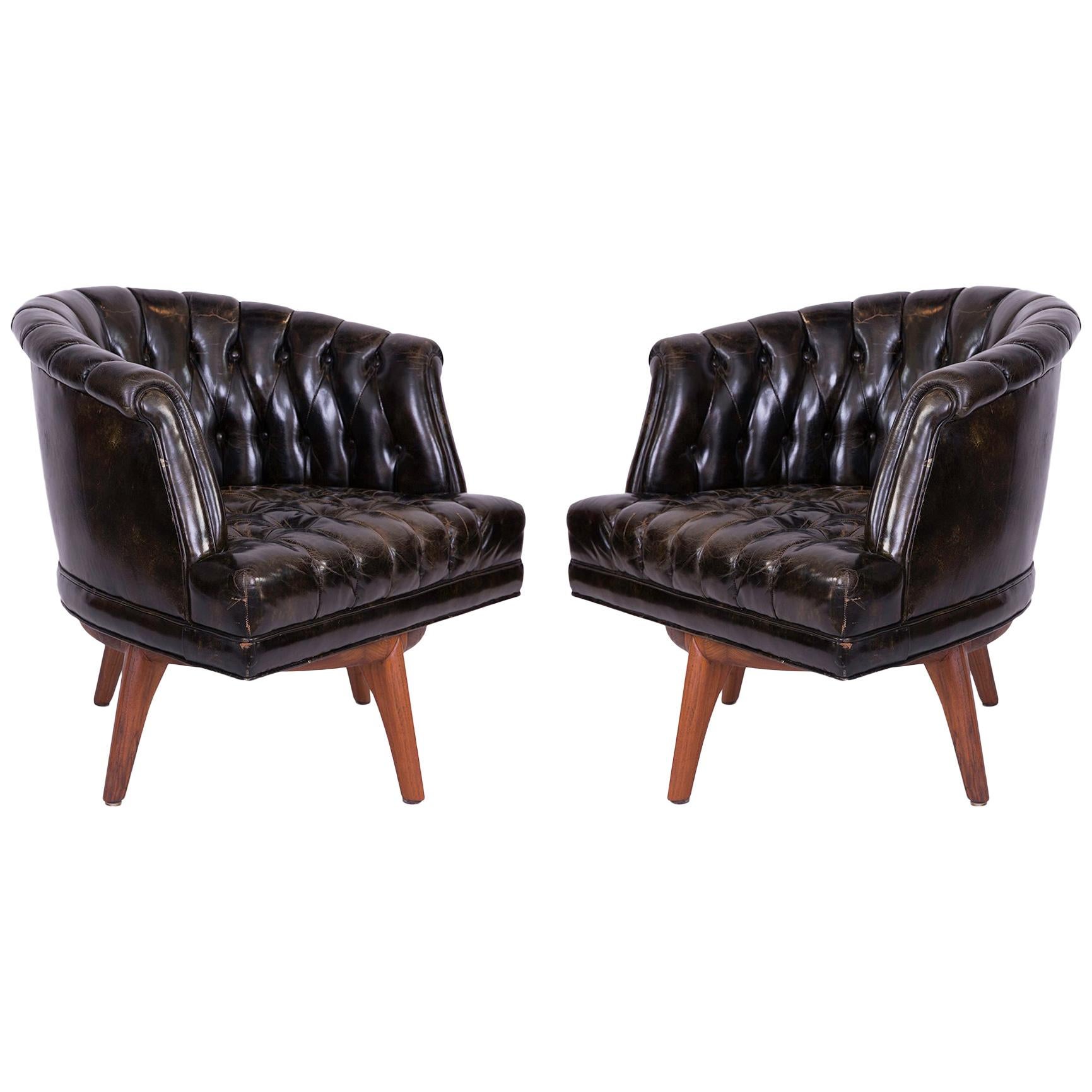 Monteverdi-Young African Walnut and Leather Swivel Lounge Chairs
