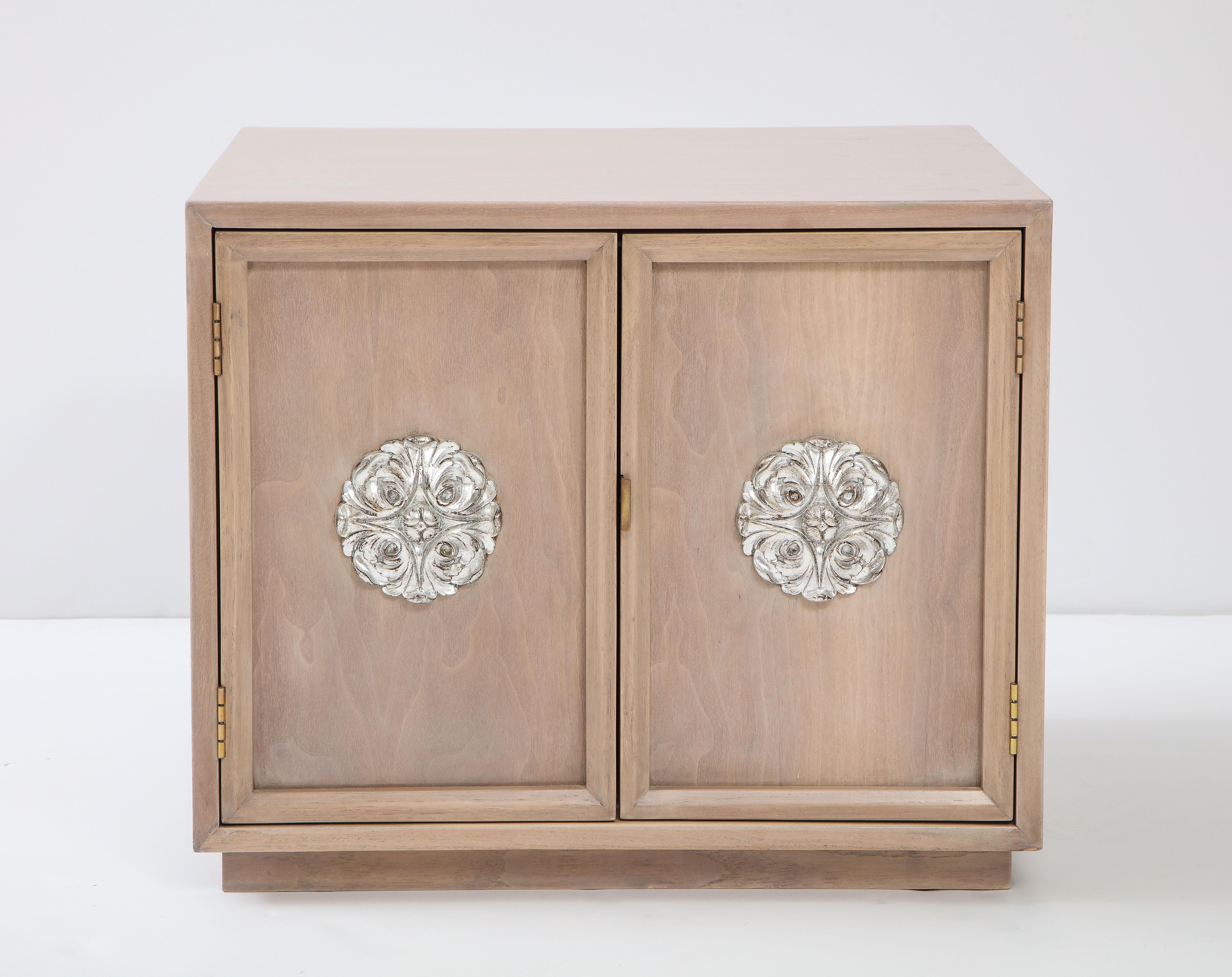 Monteverdi-Young midcentury side cabinets/nightstands in a custom bleached driftwood finish featuring silver leaf medallion pulls.