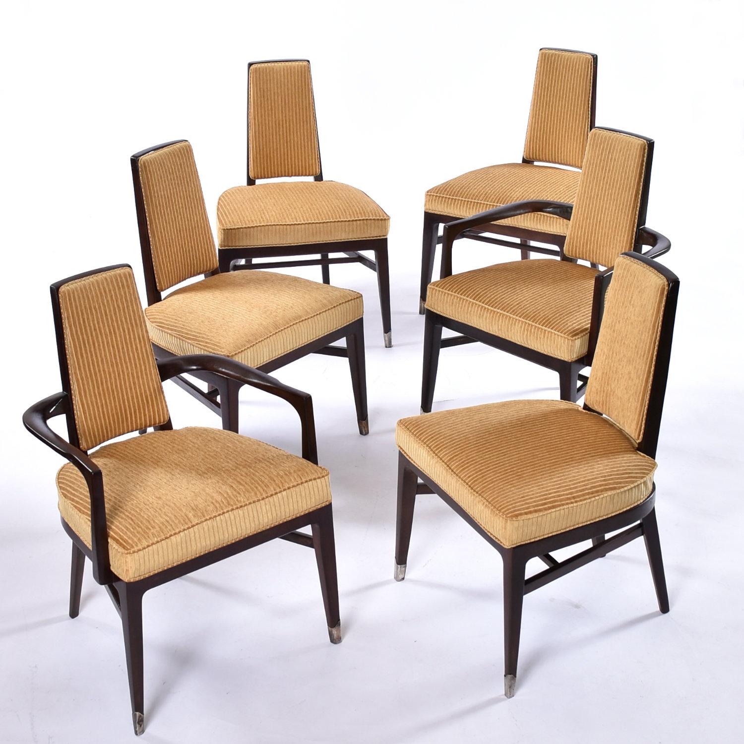 Handsome set of six Monteverdi-Young style Mid-Century Modern dining chairs. These chairs are exceptional in all regards. The design itself holds many fine points. Every detail is considered. The framed upholstered back and elegantly capped front